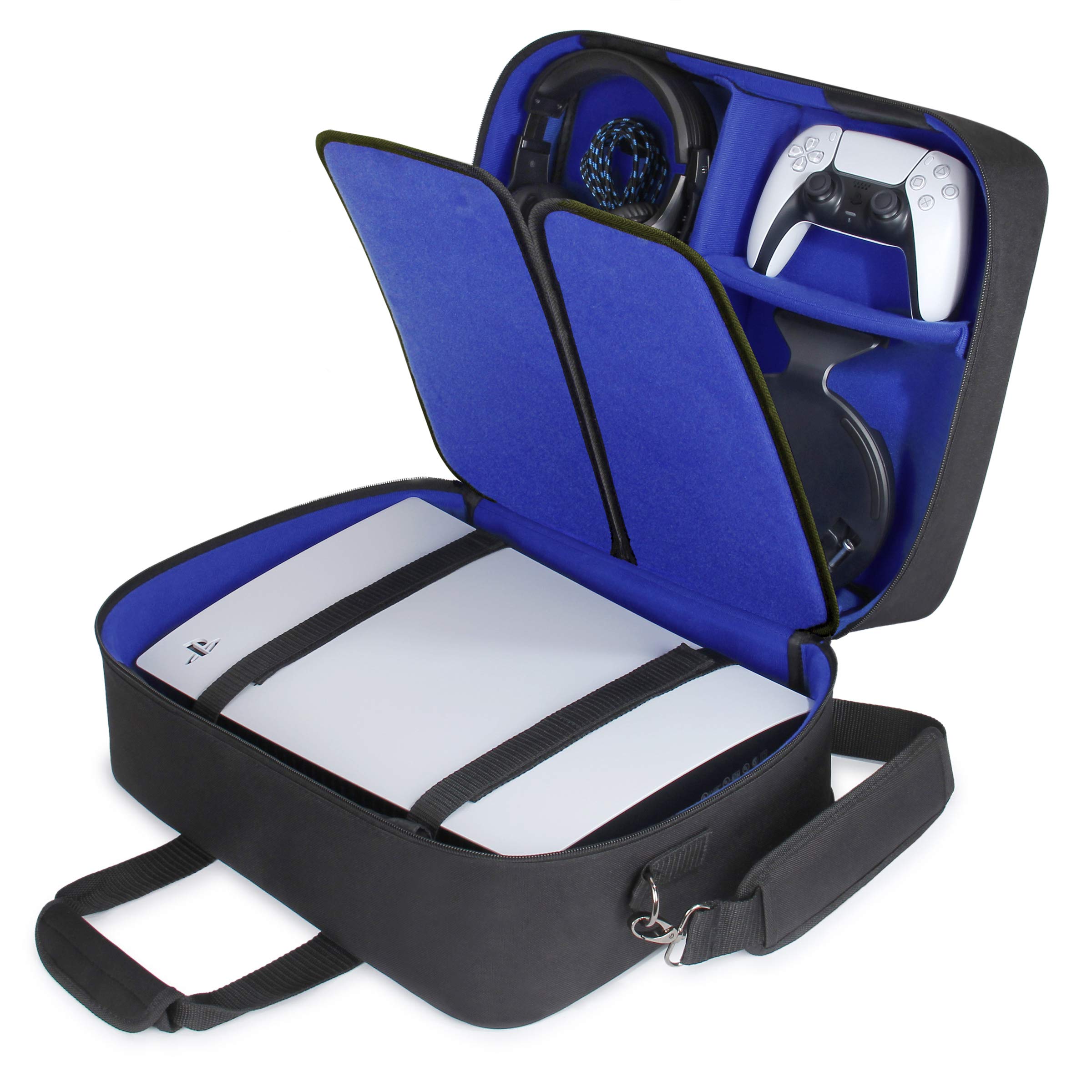 USA Gear PS5 Carrying Case - Travel Bag for PlayStation 5 & Slim, Adjustable Interior for Controllers & Games (Blue)