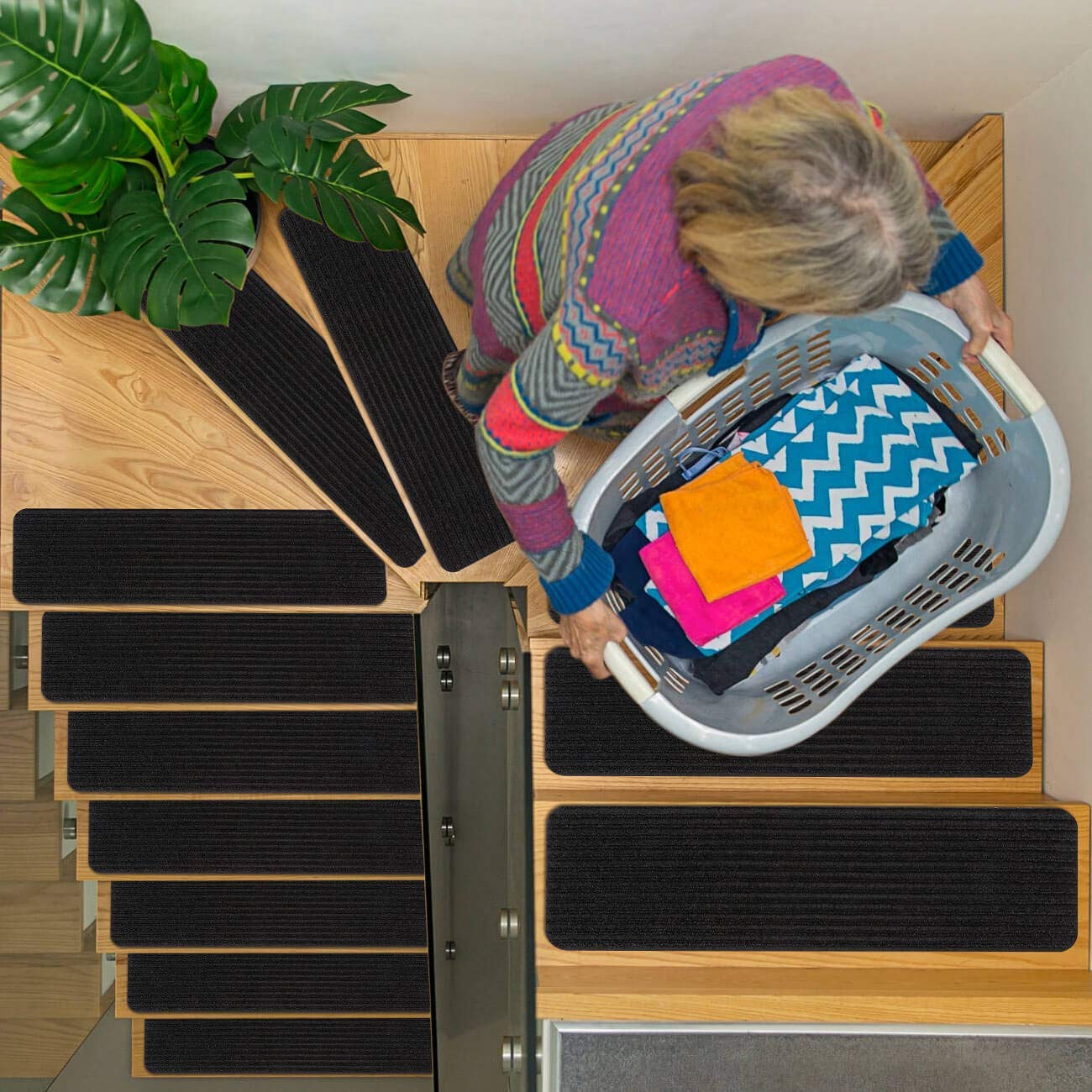 RIOLAND Non-Slip Stair Treads Carpet Set of 15 for Wooden Steps 8 X 30 Black Ideal for Kids and Dogs - View 2 of 7