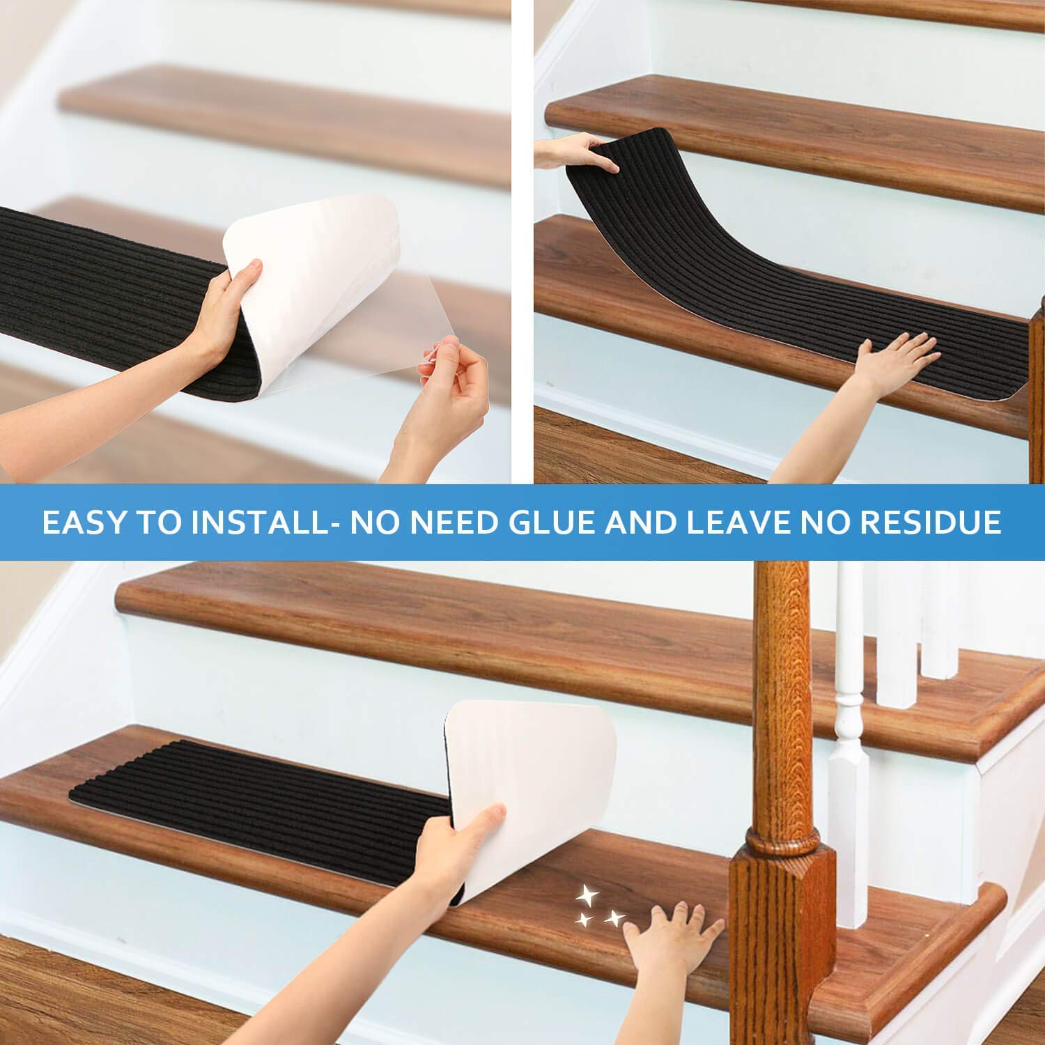 RIOLAND Non-Slip Stair Treads Carpet Set of 15 for Wooden Steps 8 X 30 Black Ideal for Kids and Dogs - View 5 of 7