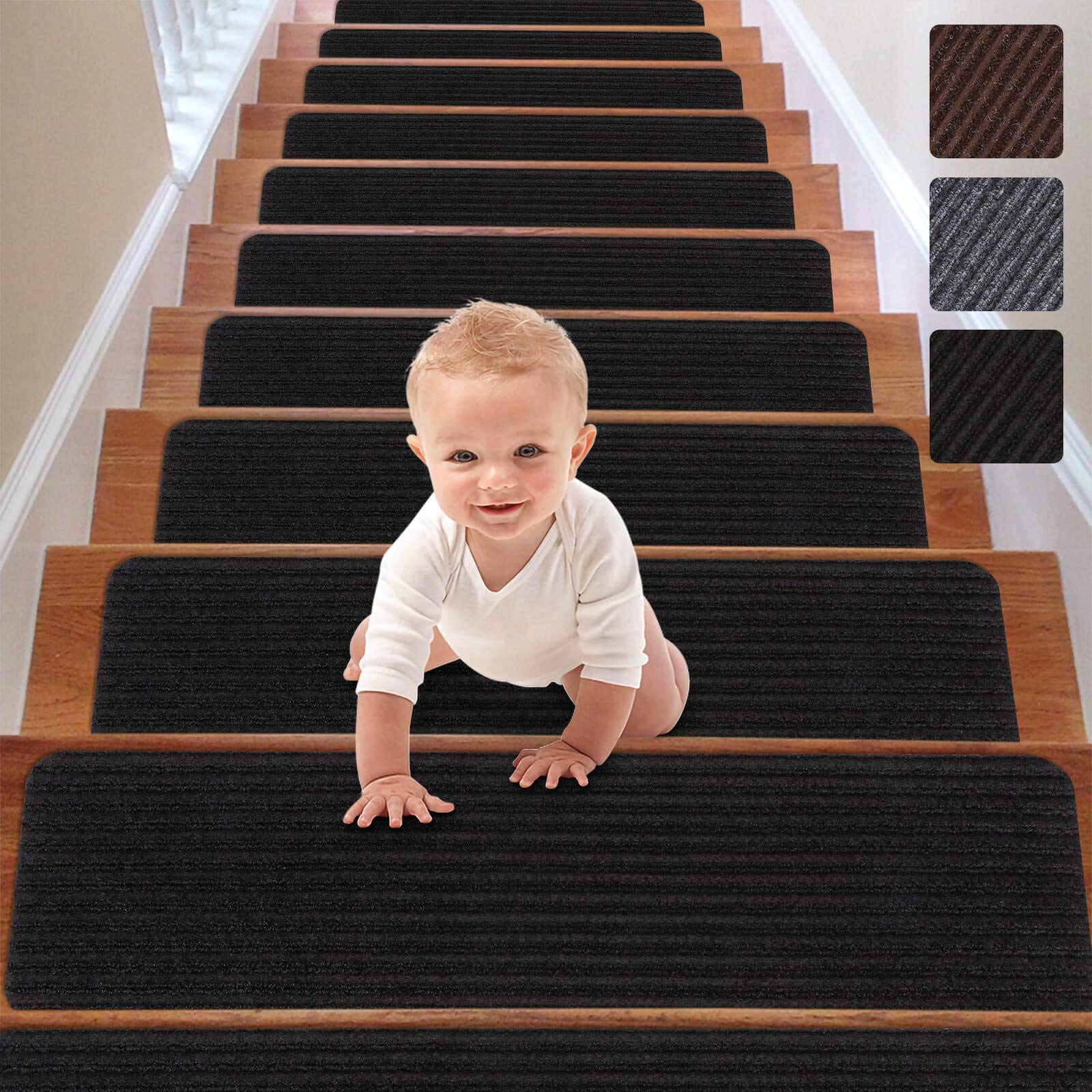 RIOLAND Non-Slip Stair Treads Carpet Set of 15 for Wooden Steps 8 X 30 Black Ideal for Kids and Dogs