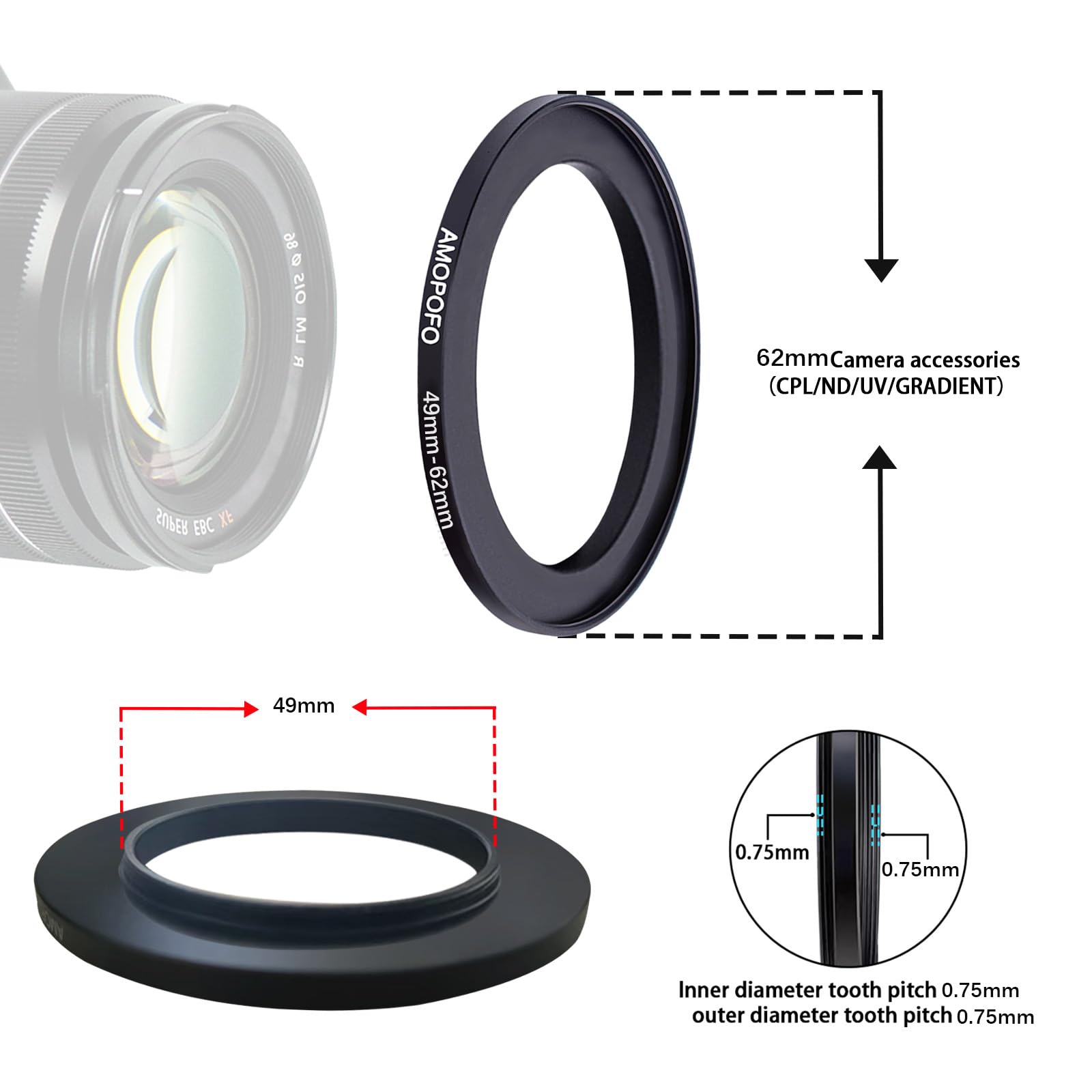49mm to 62mm Step Up Ring Filter Adapter for All Brands Compatible with UV ND CPL Metal Filters - View 3 of 5