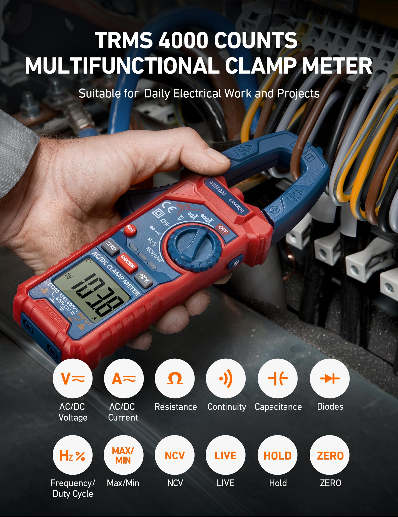 AstroAI Digital Clamp Meter Multimeter 4000 Counts Auto-ranging for AC DC Voltage Current Resistance Capacitance Frequency and Continuity Test - View 2 of 9