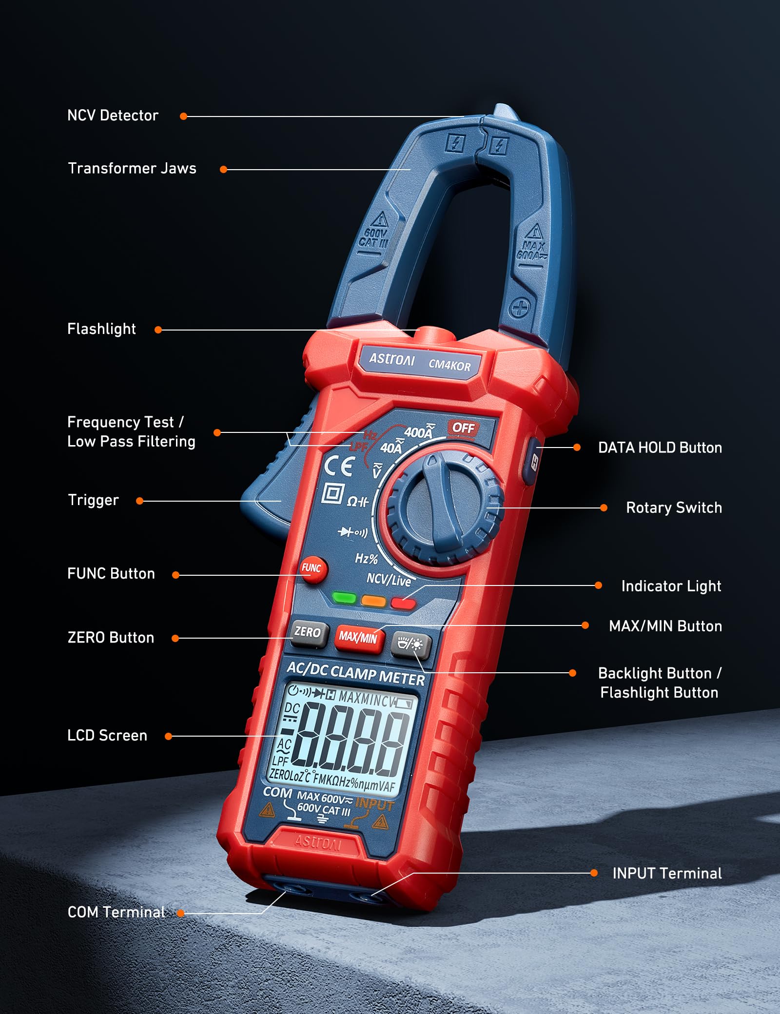 AstroAI Digital Clamp Meter Multimeter 4000 Counts Auto-ranging for AC DC Voltage Current Resistance Capacitance Frequency and Continuity Test - View 8 of 9