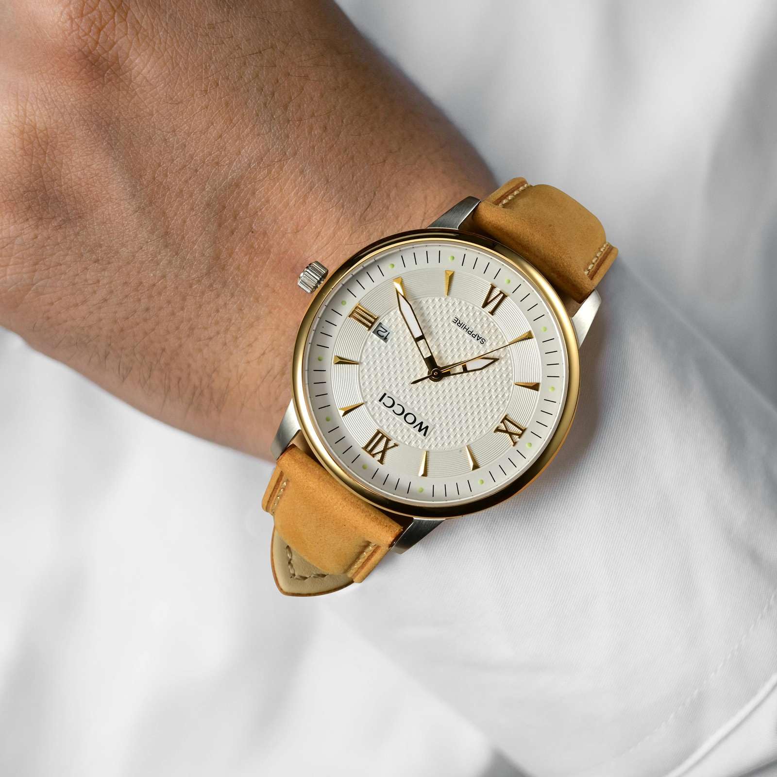 WOCCI 16mm Vintage Leather Watch Band for Men and Women with Gold Buckle in Tan Color - View 2 of 9