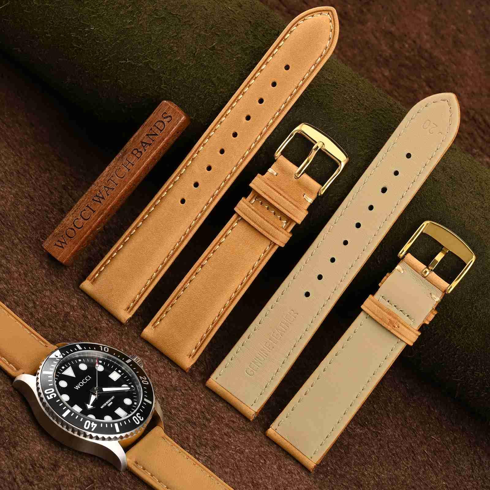WOCCI 16mm Vintage Leather Watch Band for Men and Women with Gold Buckle in Tan Color - View 3 of 9