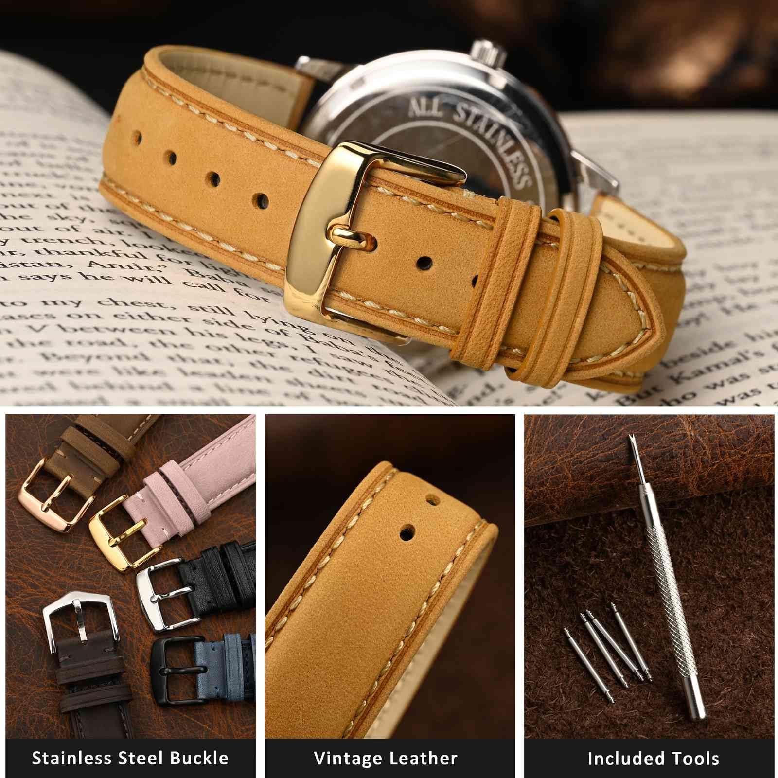 WOCCI 16mm Vintage Leather Watch Band for Men and Women with Gold Buckle in Tan Color - View 4 of 9