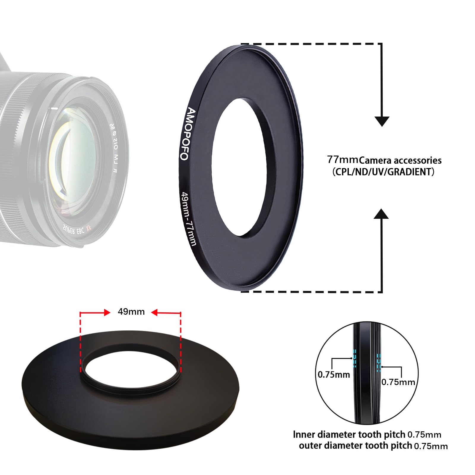 49mm to 77mm Step Up Ring Filter Adapter for All Brands Compatible with 49mm Lens and 77mm UV ND CPL Filters - View 3 of 5