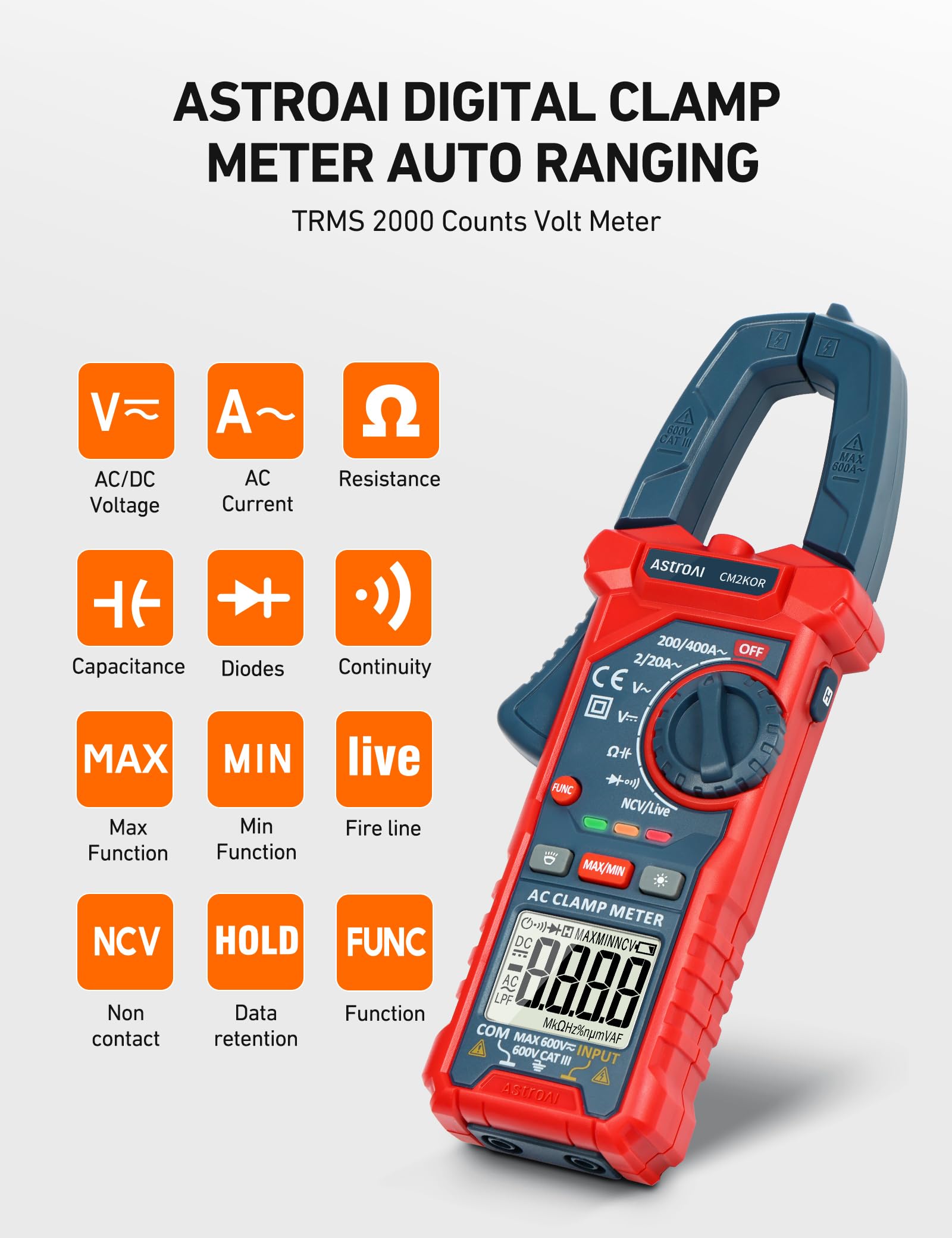 AstroAI Digital Clamp Meter Multimeter 2000 Counts Auto-ranging Voltage Tester for AC DC Current Resistance Capacitance and Continuity - View 2 of 8