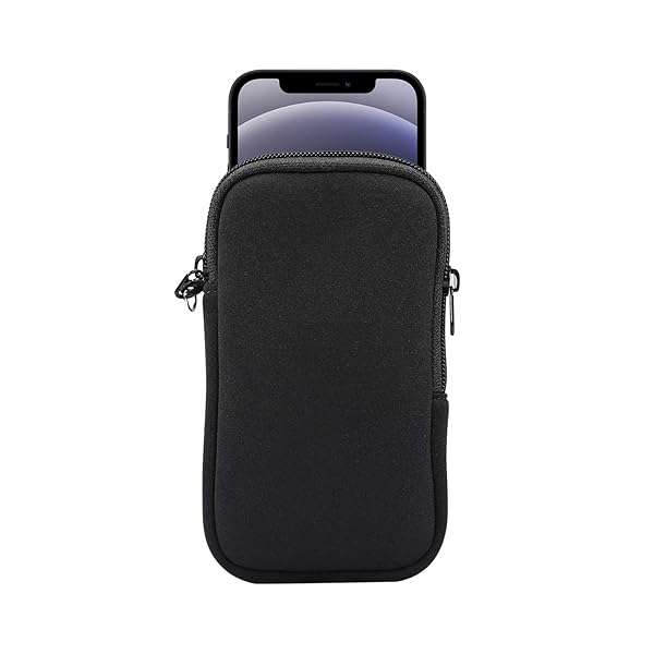 Jlyifan Jlyifan Neoprene Cell Phone Sleeve & Zip Wallet Pouch for iPhone 16/15/14/13/12 & LG Aristo - Black with Neck Strap
