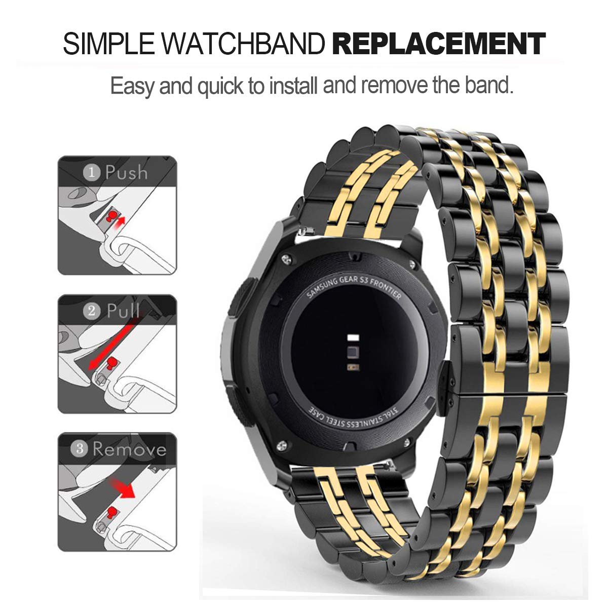 SPINYE SPINYE Stainless Steel Band for Samsung Galaxy Watch 6 5 4 3 Active 2 20mm Replacement Strap for Men and Women Black Gold - View 6 of 7