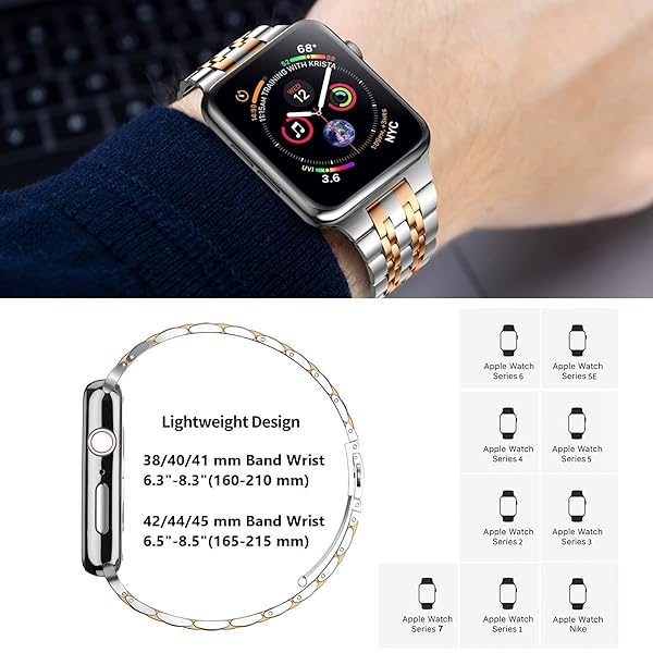 MioHHR Buy MioHHR Stainless Steel Apple Watch Band 38mm/40mm - Compatible with Series 1-6, SE - Silver/Rose Gold - View 7 of 8