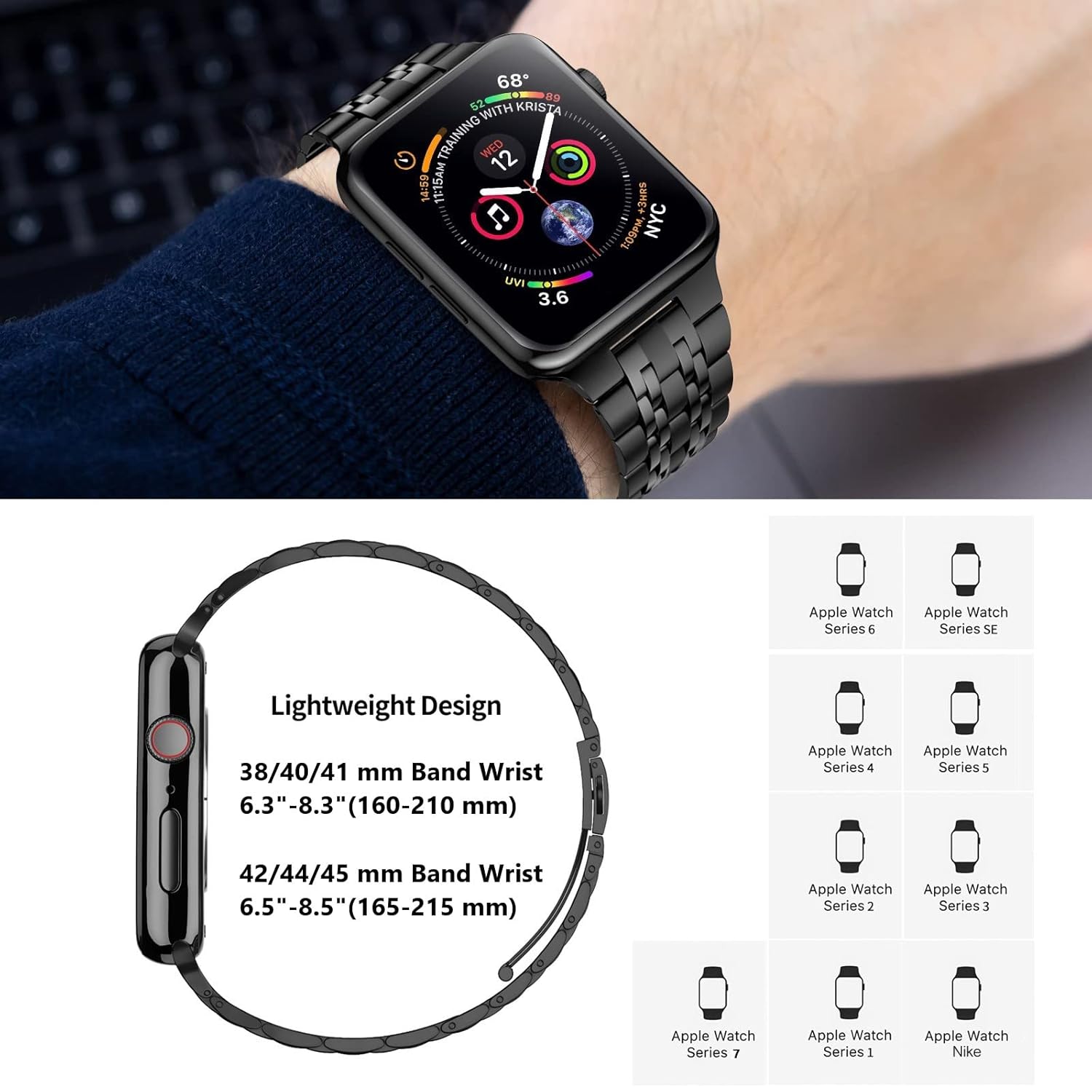 MioHHR Buy MioHHR Stainless Steel Apple Watch Band 38mm/40mm - Compatible with Series 1-6 & SE (Black) - View 4 of 9