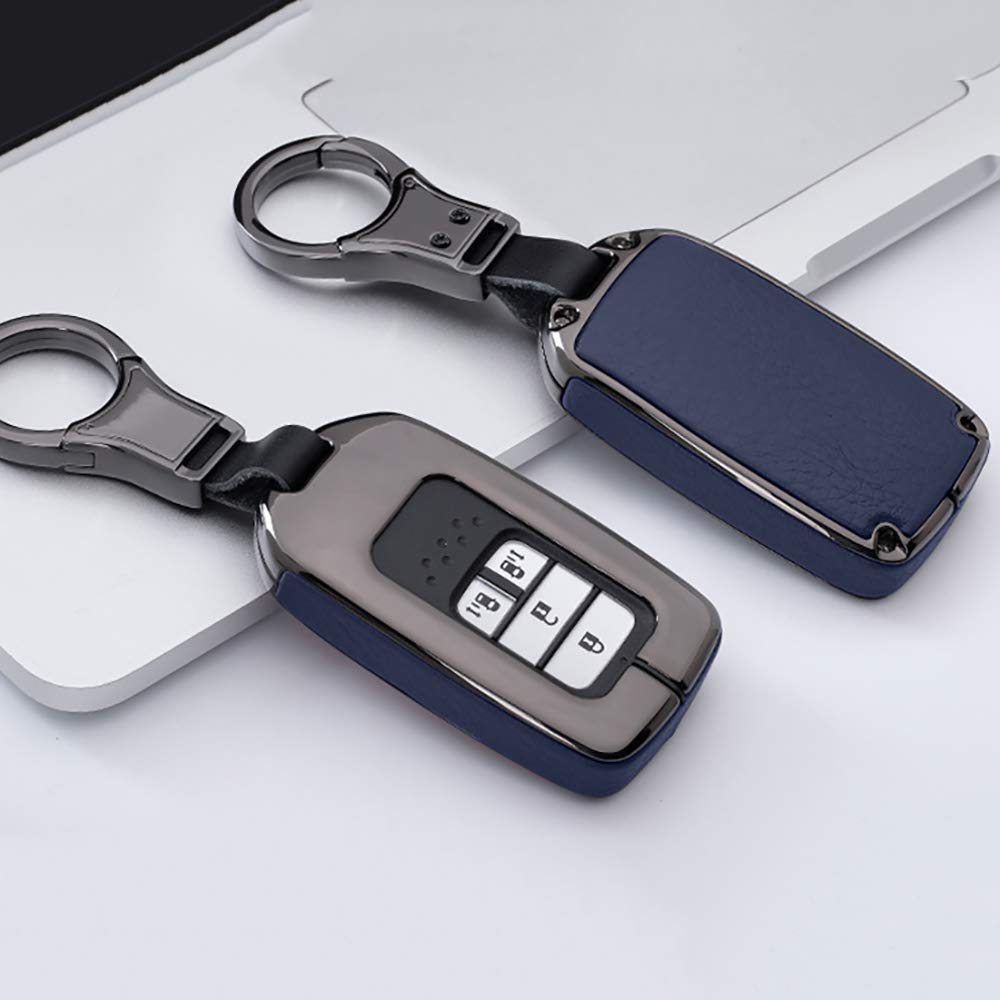 ontto Key Fob Cover for Honda Accord Civic CRV Remote Key Case Holder Metal Leather Protection with Keychain Blue - View 3 of 8