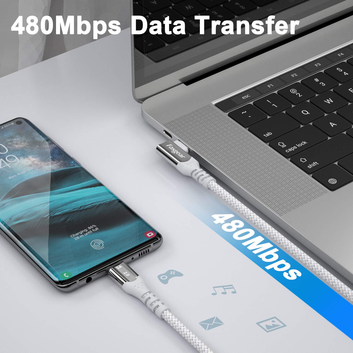 Fasgear 3ft USB C to USB C Cable Right Angle 90 Degree 100W 5A Fast Charge Compatible with MacBook Pro iPad Pro Galaxy S21 and More - View 4 of 6