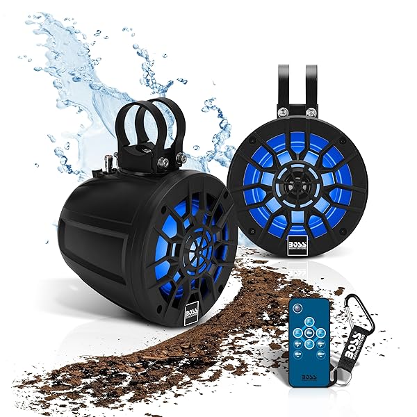 "Upgrade Your Ride: BOSS MPWT50RGB 5.25" Marine Wake Tower Speakers - IPX6, 500W, Multi-Color for ATV, UTV & Golf Carts"