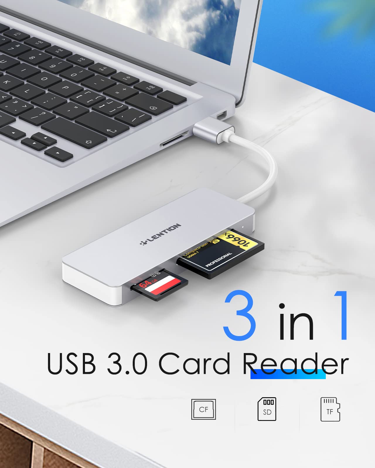 LENTION USB 3.0 Card Reader for CF SD Micro SD Compatible with Windows MacOS ChromeOS Fast Data Transfer Silver - View 2 of 7