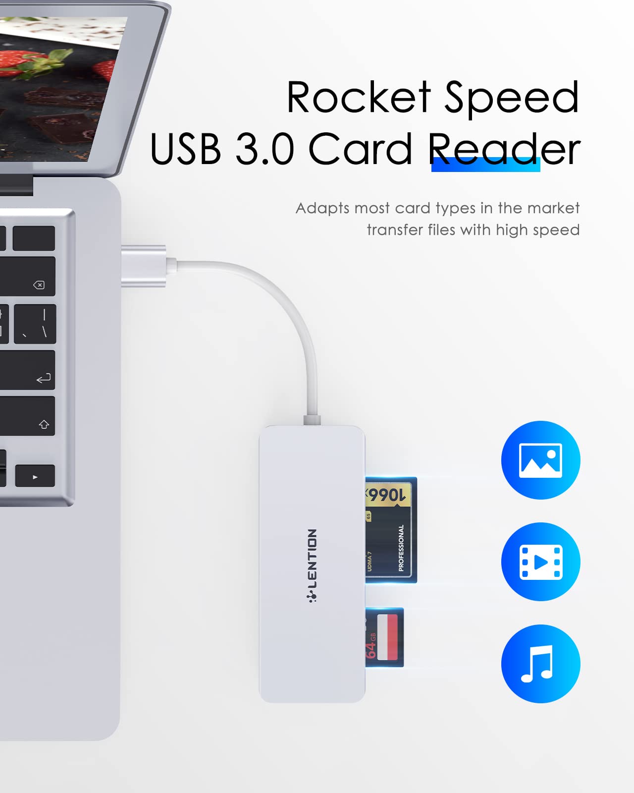 LENTION USB 3.0 Card Reader for CF SD Micro SD Compatible with Windows MacOS ChromeOS Fast Data Transfer Silver - View 3 of 7