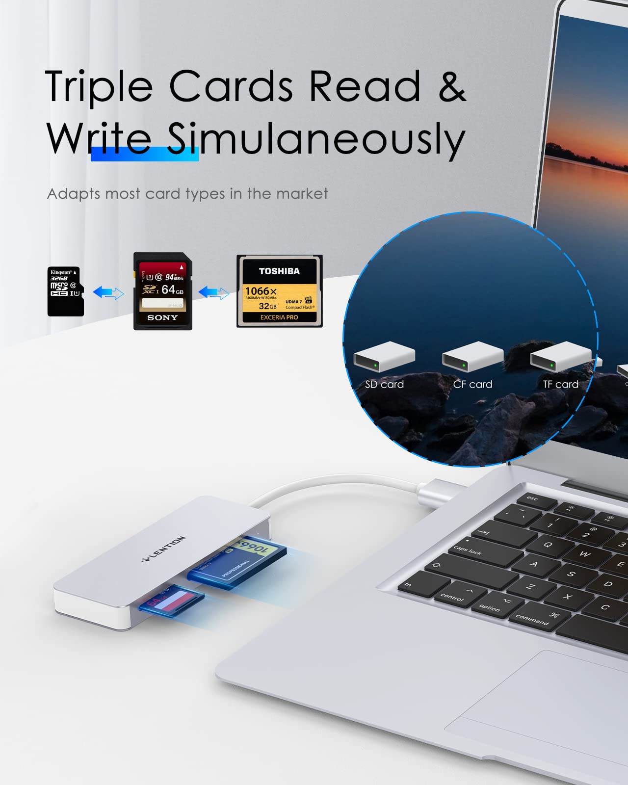 LENTION USB 3.0 Card Reader for CF SD Micro SD Compatible with Windows MacOS ChromeOS Fast Data Transfer Silver - View 5 of 7