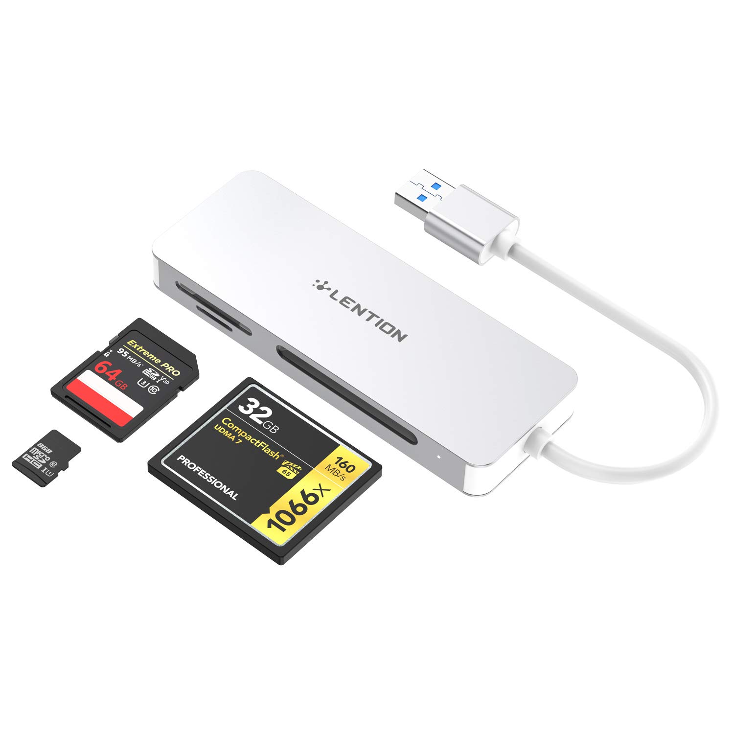 LENTION USB 3.0 Card Reader for CF SD Micro SD Compatible with Windows MacOS ChromeOS Fast Data Transfer Silver