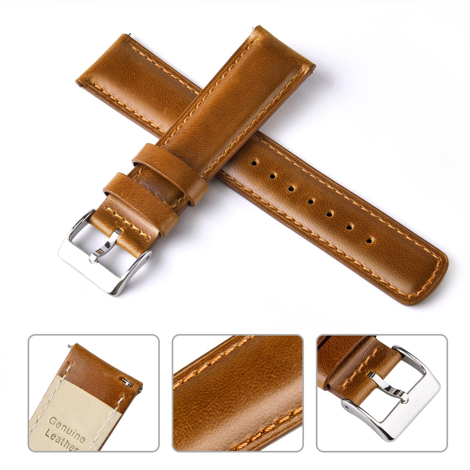 Ritche Quick Release Leather Watch Band 21mm Toffee Brown Silver Classic Strap for Stylish Timepieces - View 4 of 6