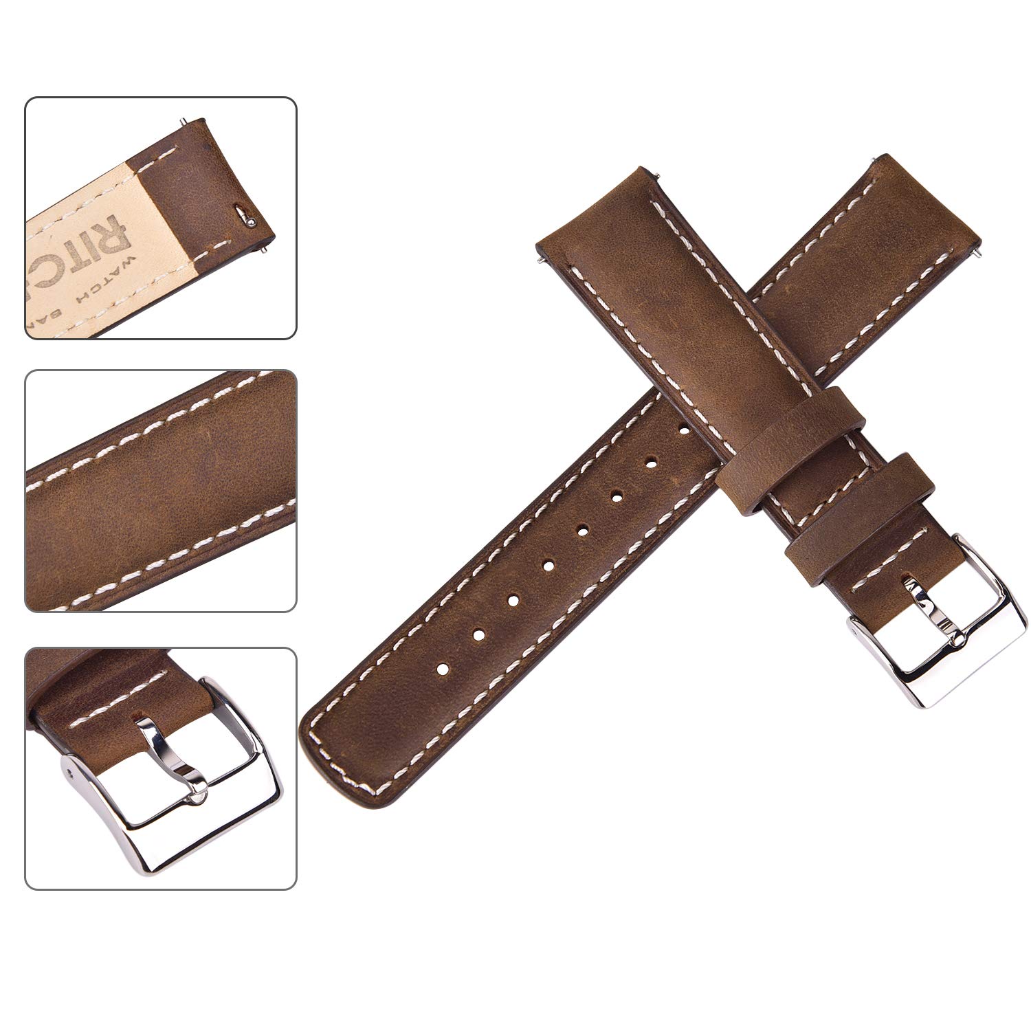 Ritche Quick Release Leather Watch Band 18mm to 24mm Vintage Saddle Brown White Silver Strap for Stylish Timepieces - View 4 of 7