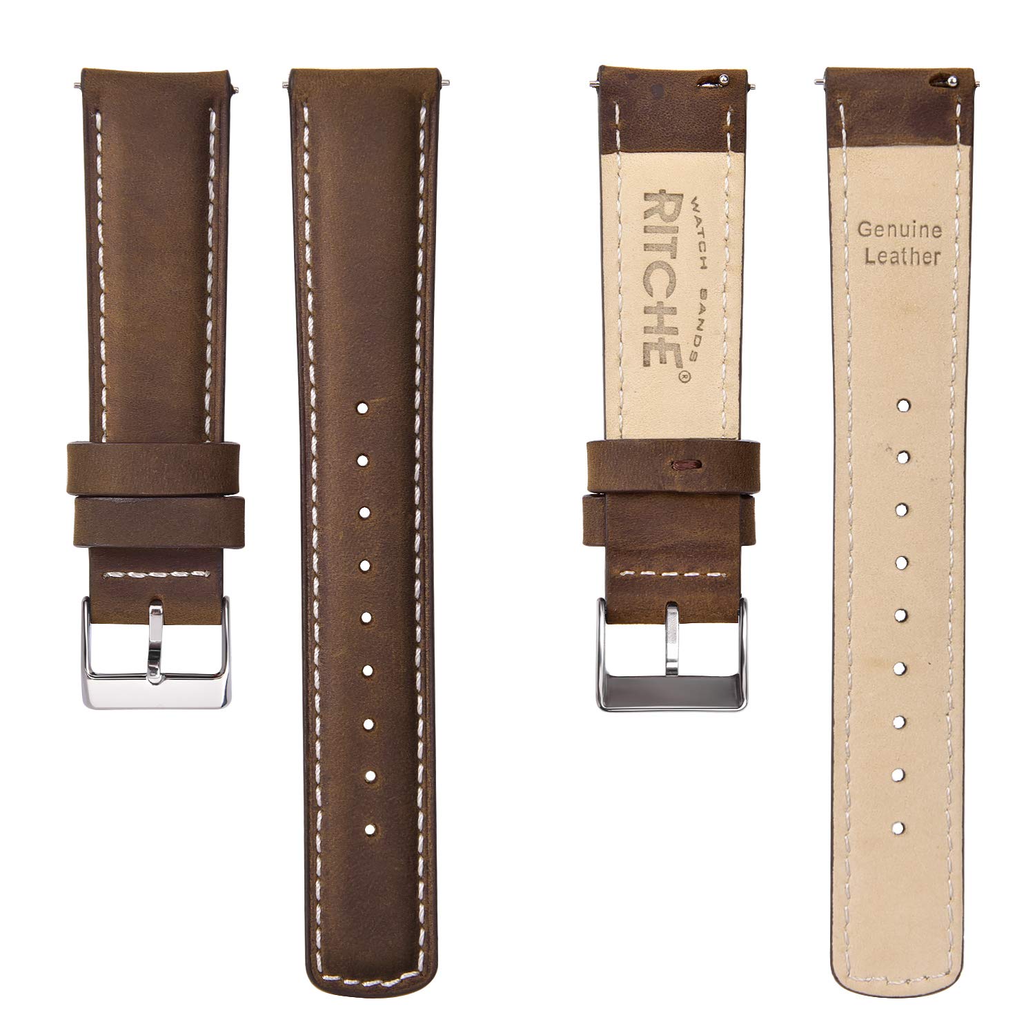 Ritche Quick Release Leather Watch Band 18mm to 24mm Vintage Saddle Brown White Silver Strap for Stylish Timepieces - View 5 of 7