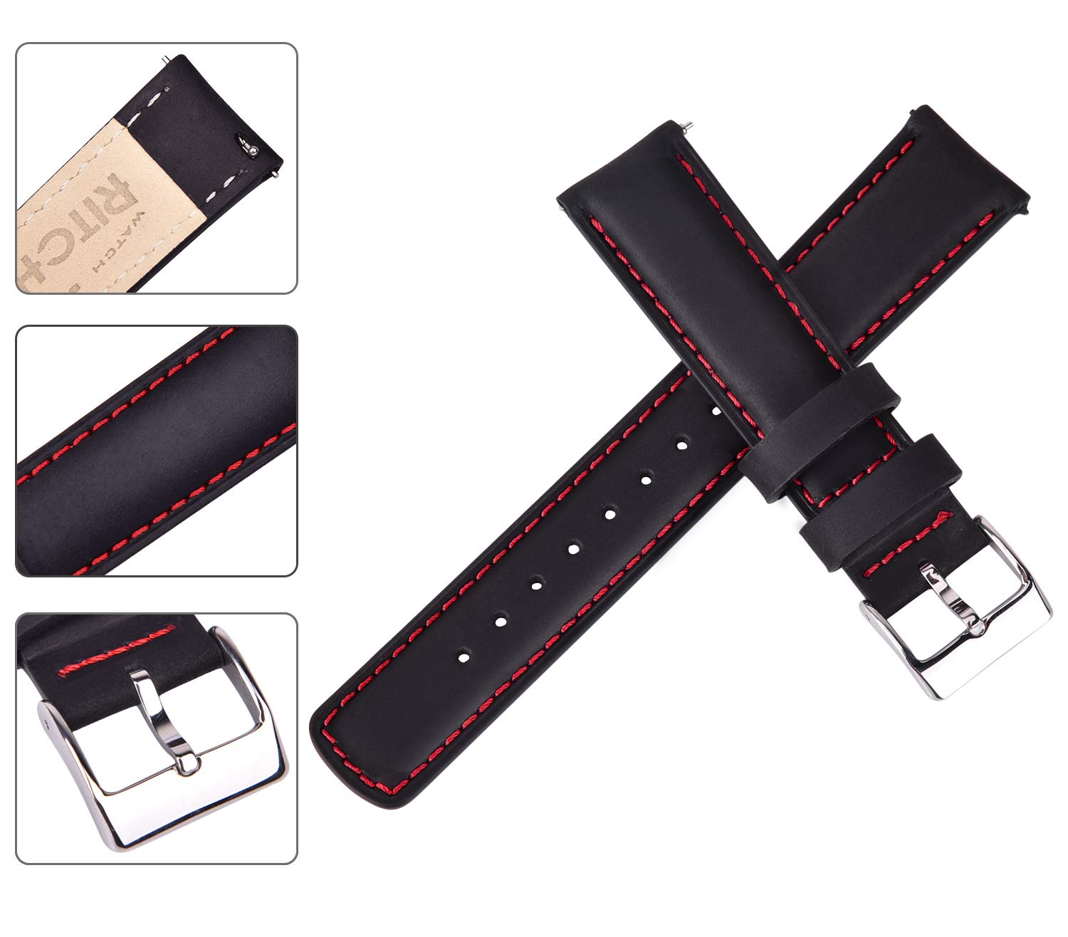 Ritche Quick Release Leather Watch Band 18mm to 24mm Classic Strap with Black and Red Stitching Silver 20mm - View 4 of 7