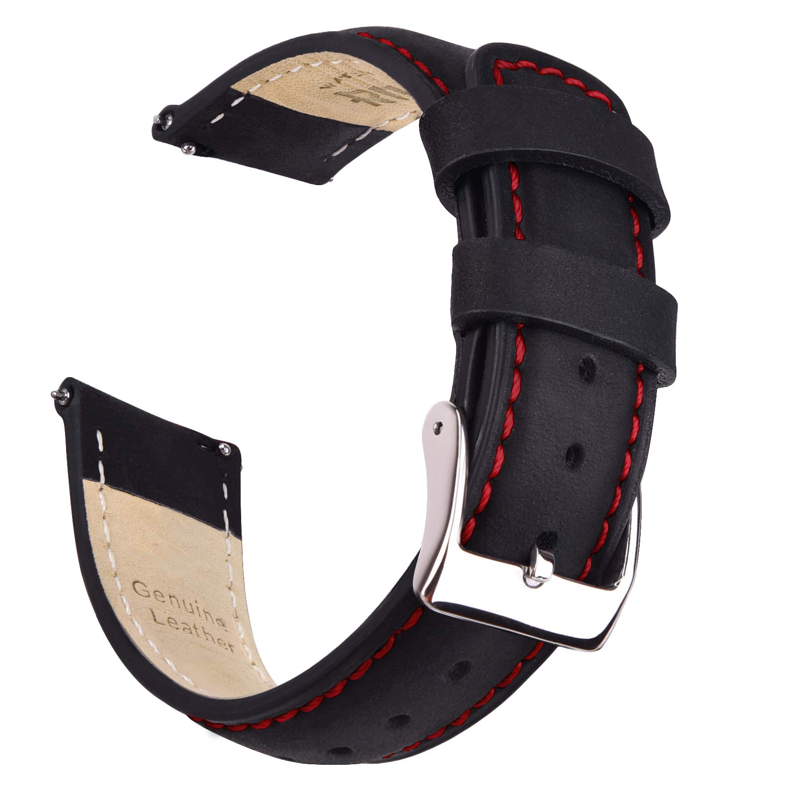 Ritche Quick Release Leather Watch Band 18mm to 24mm Classic Strap with Black and Red Stitching Silver 20mm