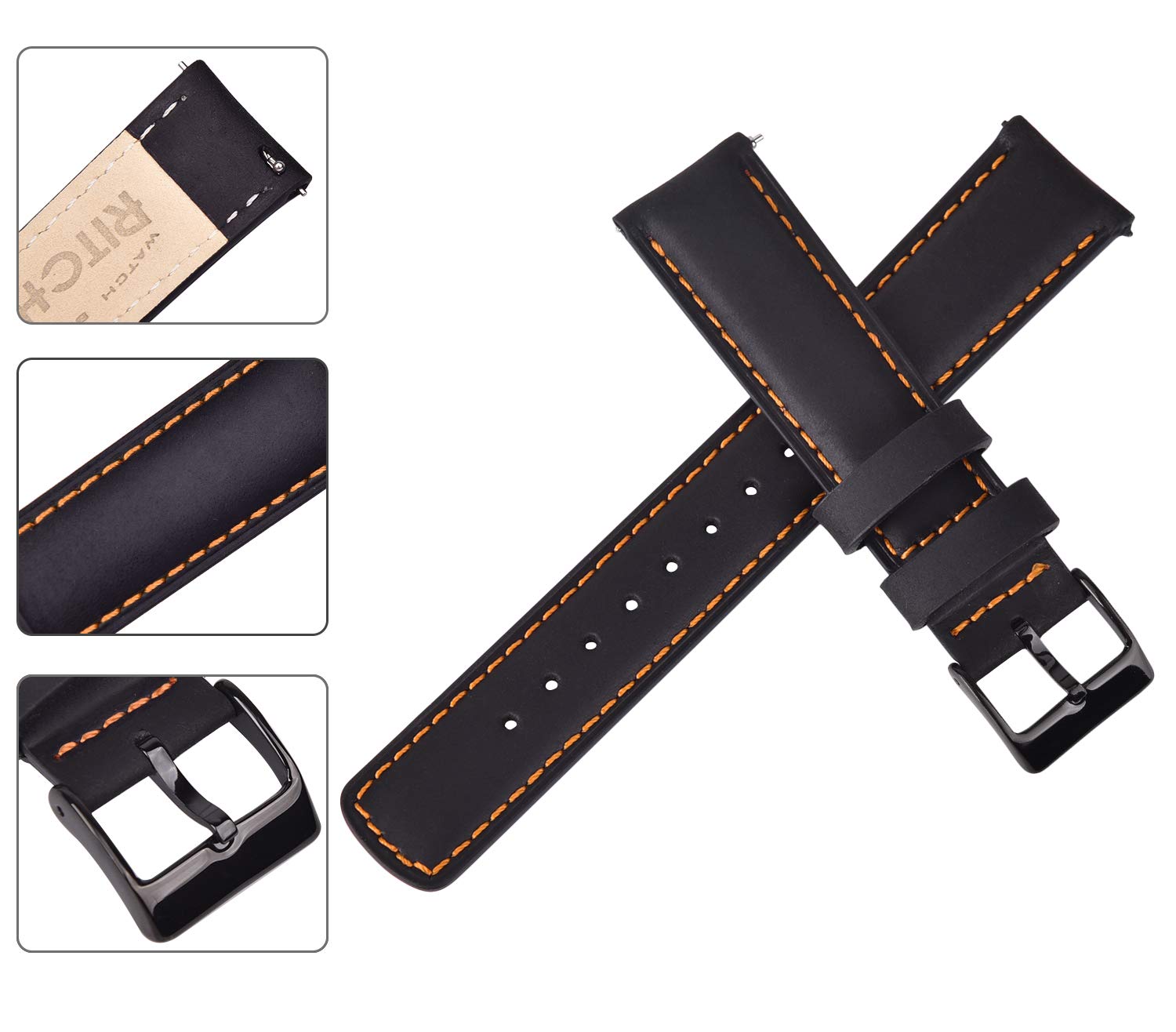 Ritche Quick Release Leather Watch Band 18mm to 24mm Classic Black and Orange Strap for Stylish Timepieces - View 4 of 7