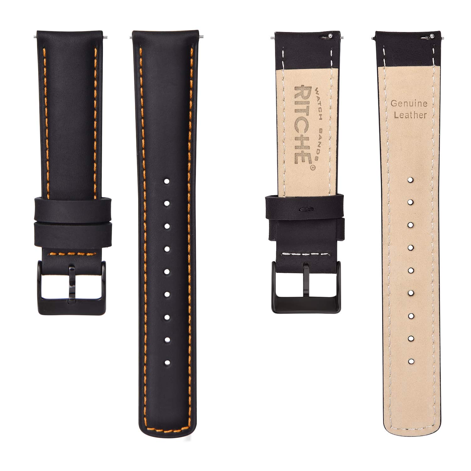 Ritche Quick Release Leather Watch Band 18mm to 24mm Classic Black and Orange Strap for Stylish Timepieces - View 5 of 7