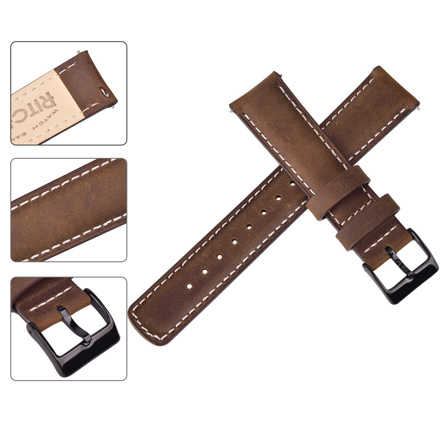 Ritche Quick Release Leather Watch Band 18mm to 24mm Classic Strap in Saddle Brown White and Black 22mm - View 4 of 7