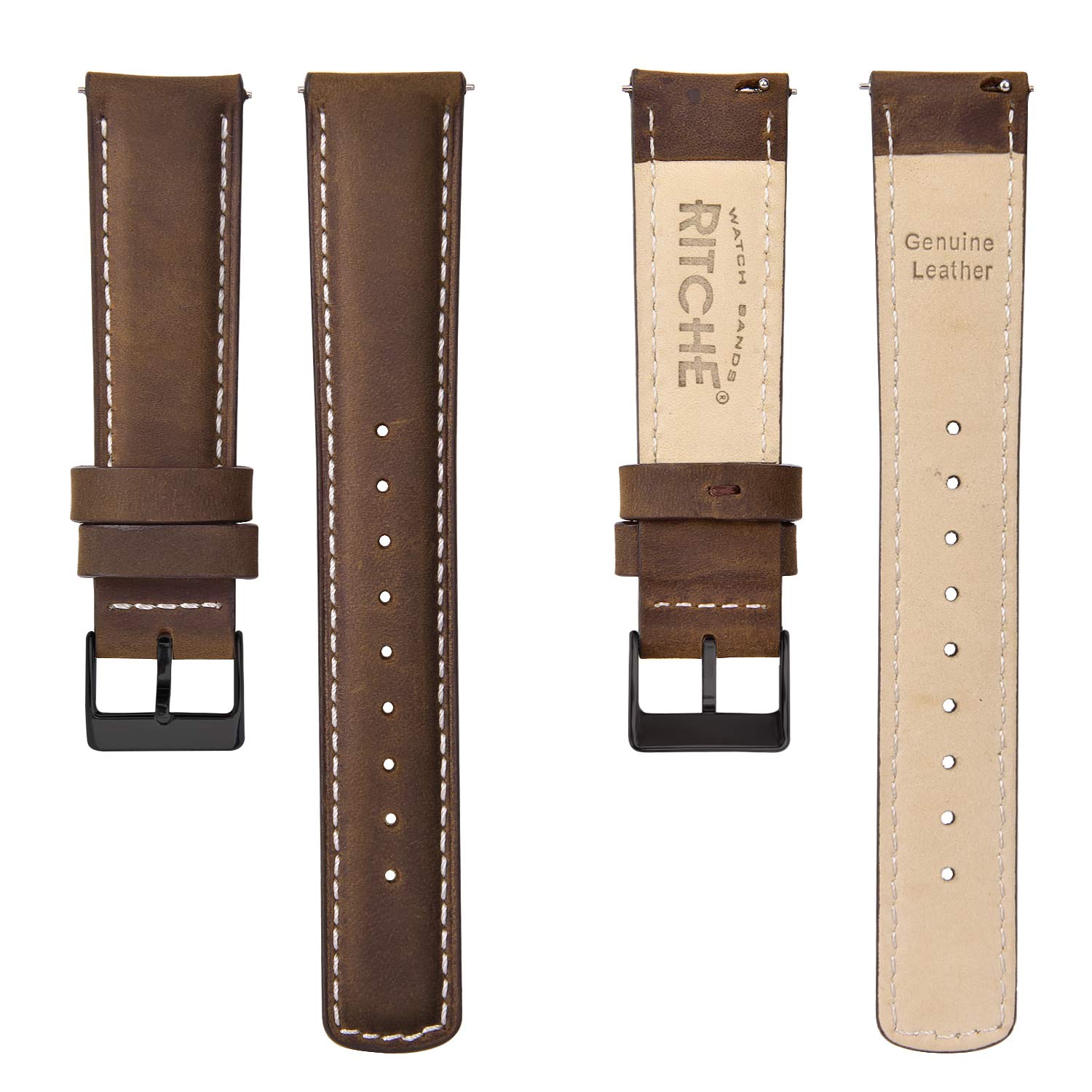 Ritche Quick Release Leather Watch Band 18mm to 24mm Classic Strap in Saddle Brown White and Black 22mm - View 5 of 7