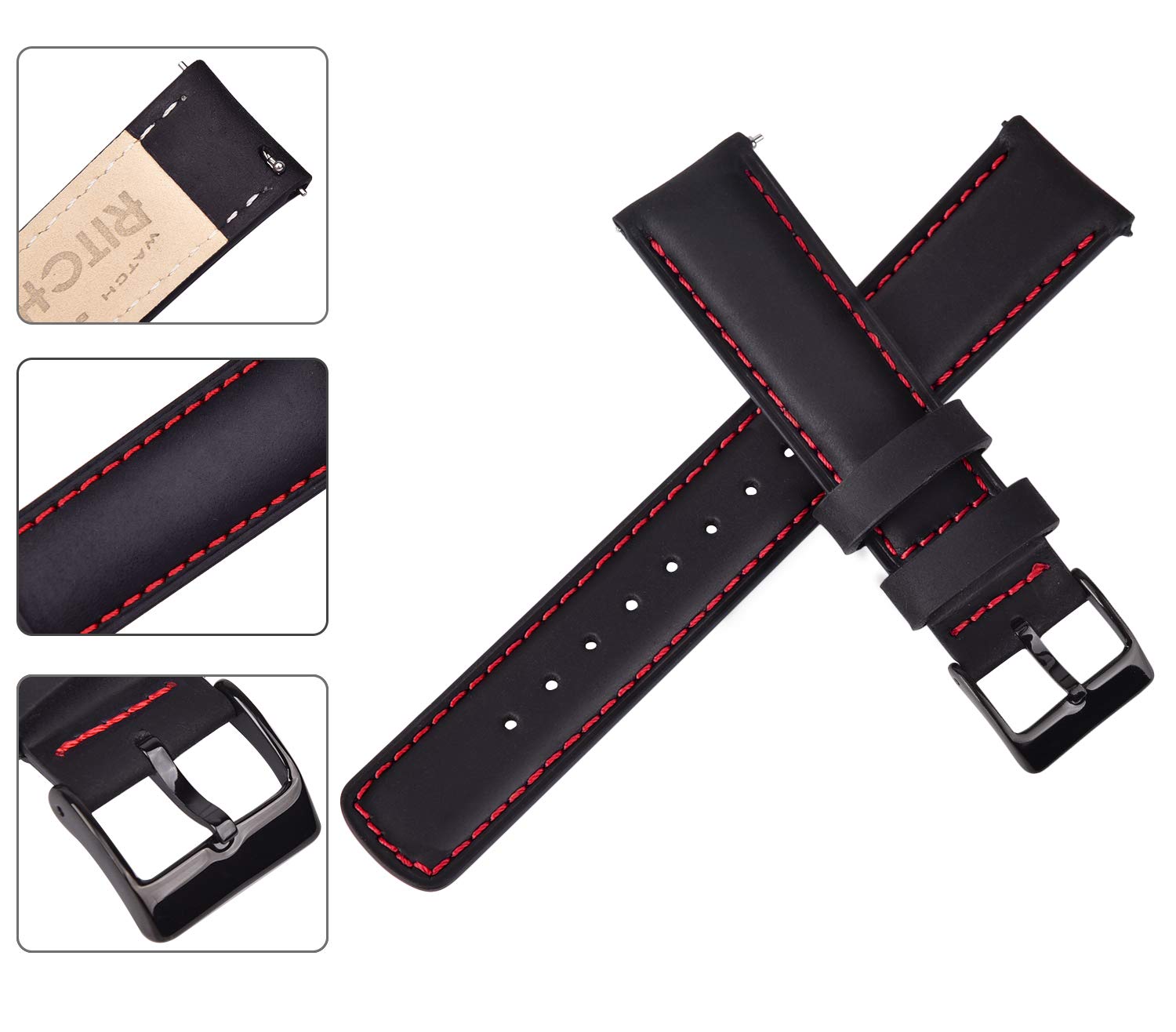 Ritche Quick Release Leather Watch Band 18mm to 24mm Classic Strap in Black and Red for Stylish Timepieces - View 4 of 7