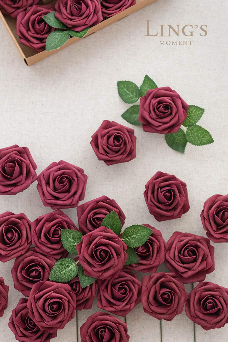 Ling's Moment 50Pcs Burgundy Roses Artificial Flowers Real Touch Foam for Wedding Bouquets Centerpieces and Home Decor - View 2 of 7