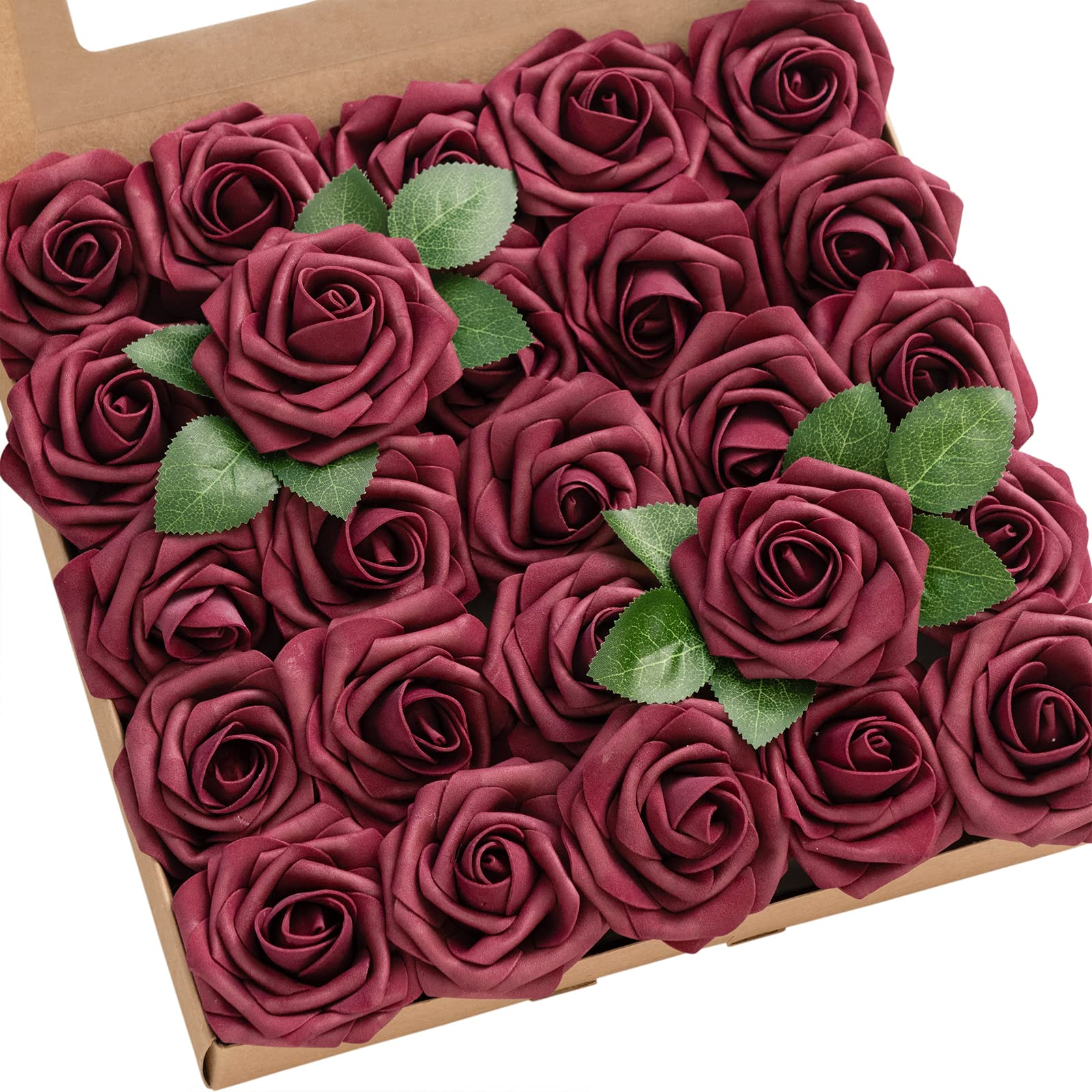 Ling's Moment 50Pcs Burgundy Roses Artificial Flowers Real Touch Foam for Wedding Bouquets Centerpieces and Home Decor