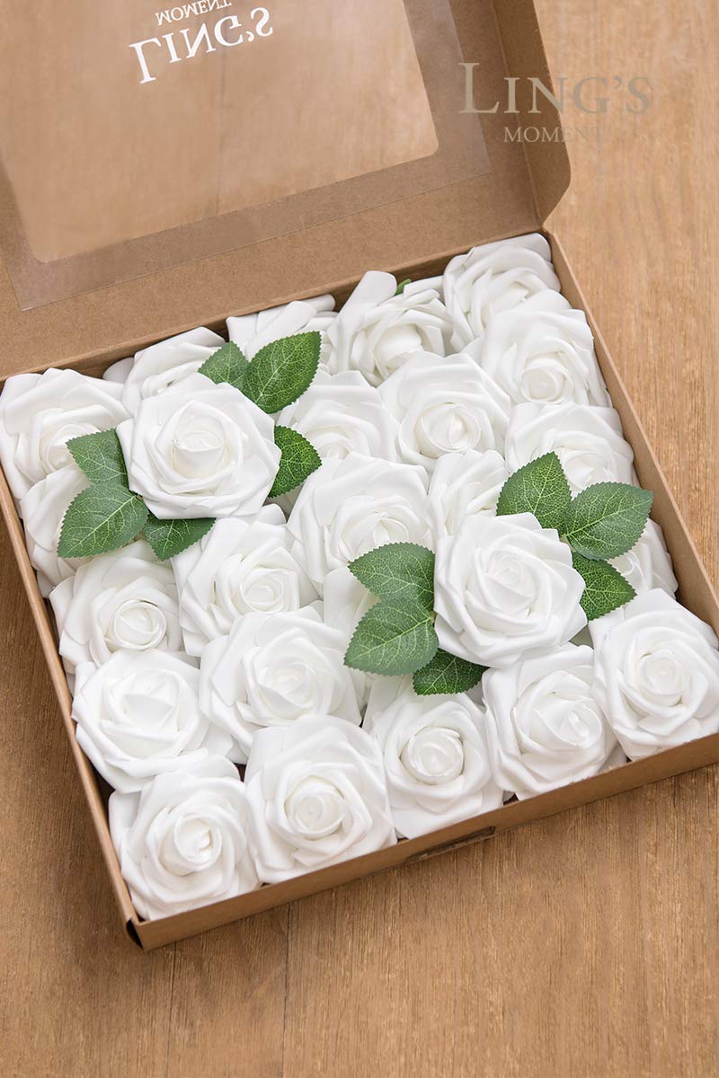 Ling's Moment 50Pcs White Roses Artificial Flowers Real Touch Foam for Wedding Decor Centerpieces Party Backdrop Room Garden Decorations - View 7 of 7