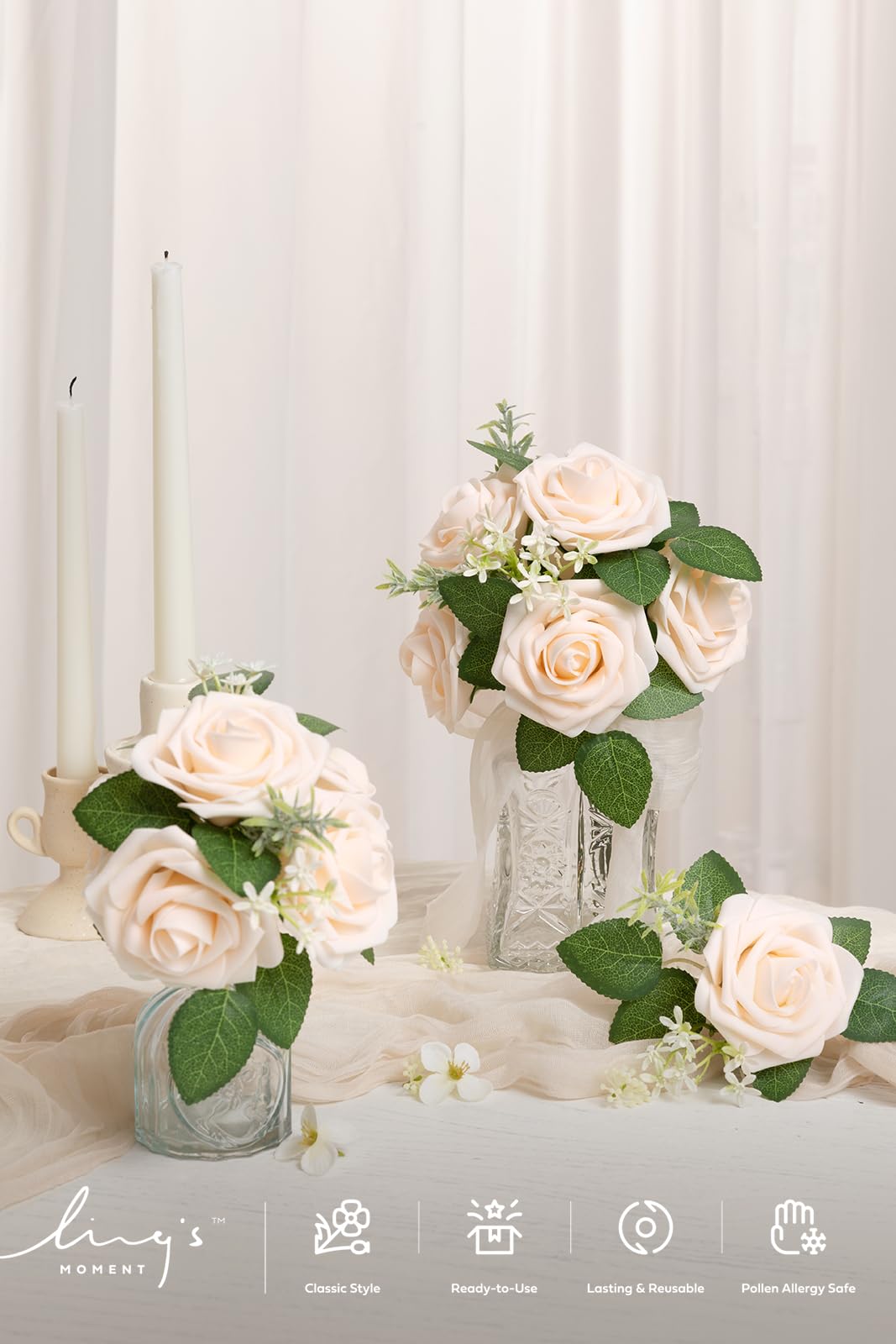 Ling's Moment 50Pcs Cream Roses Artificial Flowers Real Touch Foam for Wedding Bouquets Centerpieces Party Decor and Garden Decorations - View 2 of 7