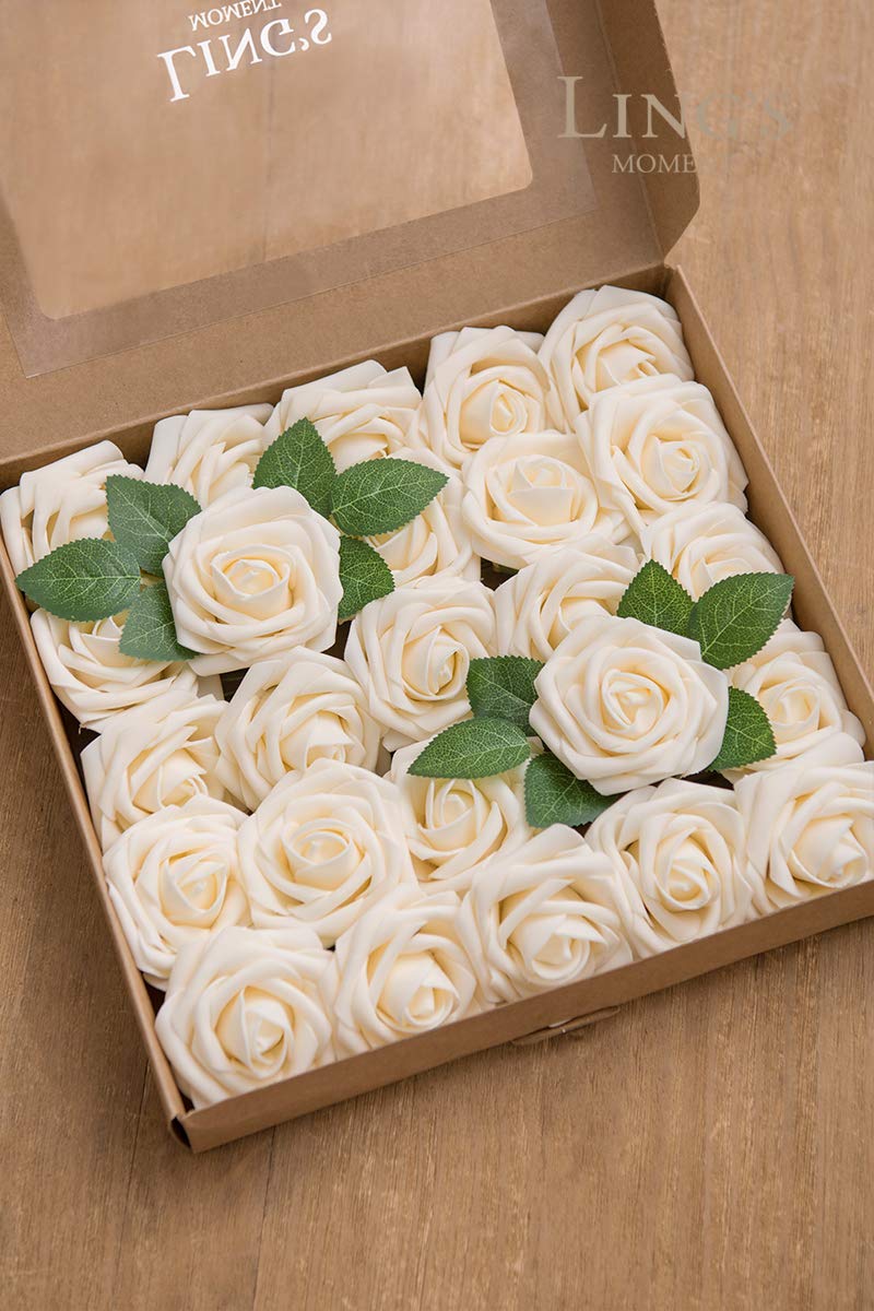 Ling's Moment 50Pcs Cream Roses Artificial Flowers Real Touch Foam for Wedding Bouquets Centerpieces Party Decor and Garden Decorations - View 7 of 7