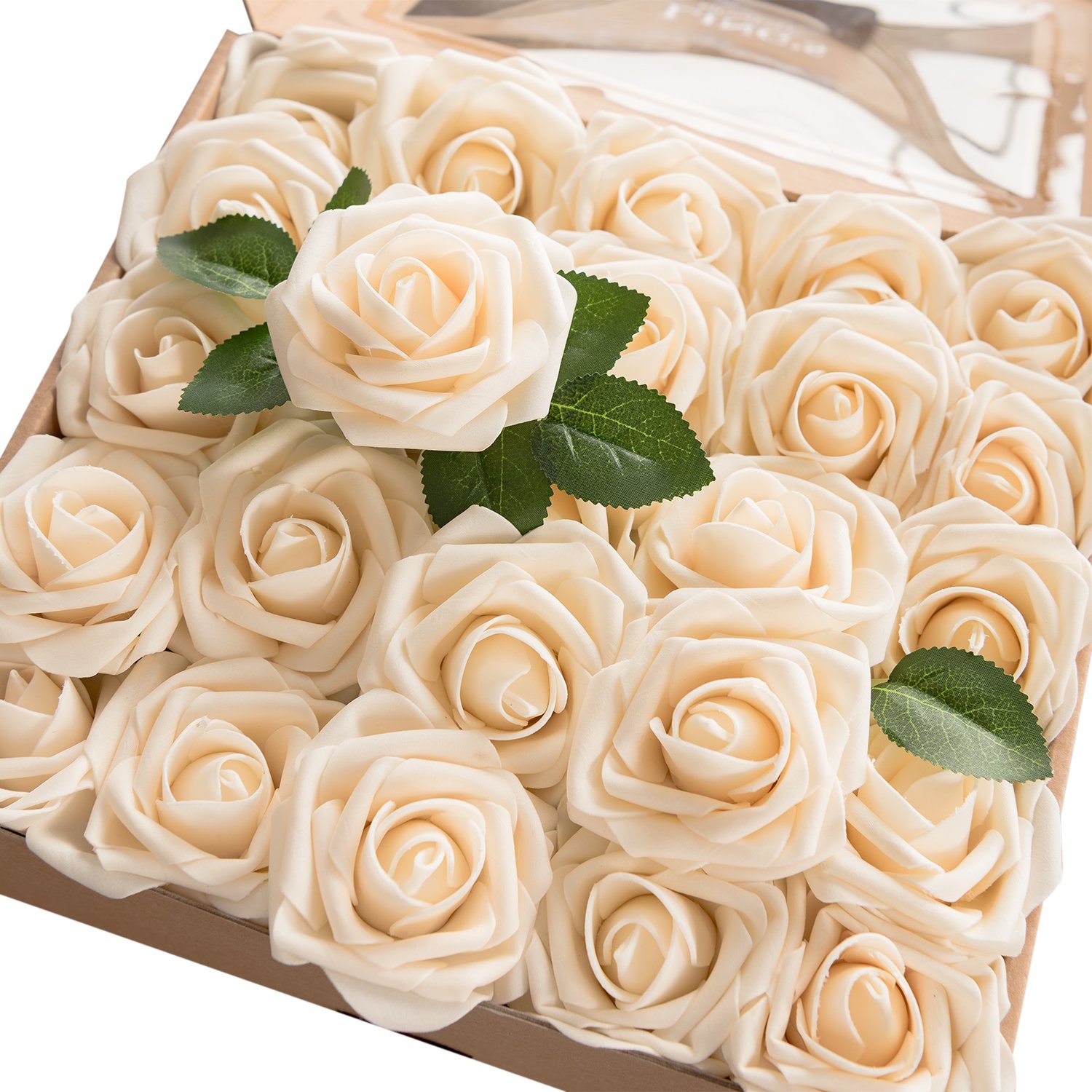 Ling's Moment 50Pcs Cream Roses Artificial Flowers Real Touch Foam for Wedding Bouquets Centerpieces Party Decor and Garden Decorations