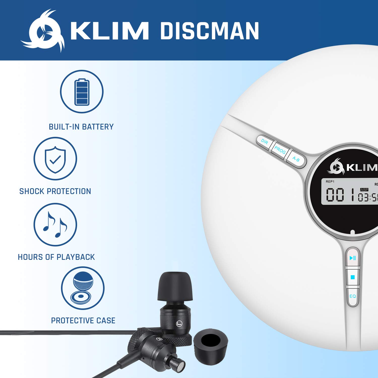 KLIM Discman Portable CD Player with Headphones Built-in Battery Compatible with SD Card CD MP3 WMA 5 EQ Effects White - View 3 of 6