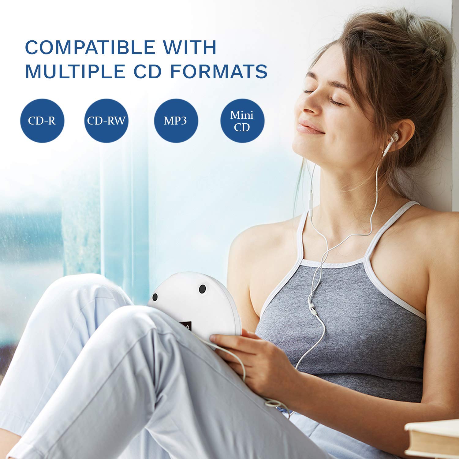 KLIM Discman Portable CD Player with Headphones Built-in Battery Compatible with SD Card CD MP3 WMA 5 EQ Effects White - View 5 of 6