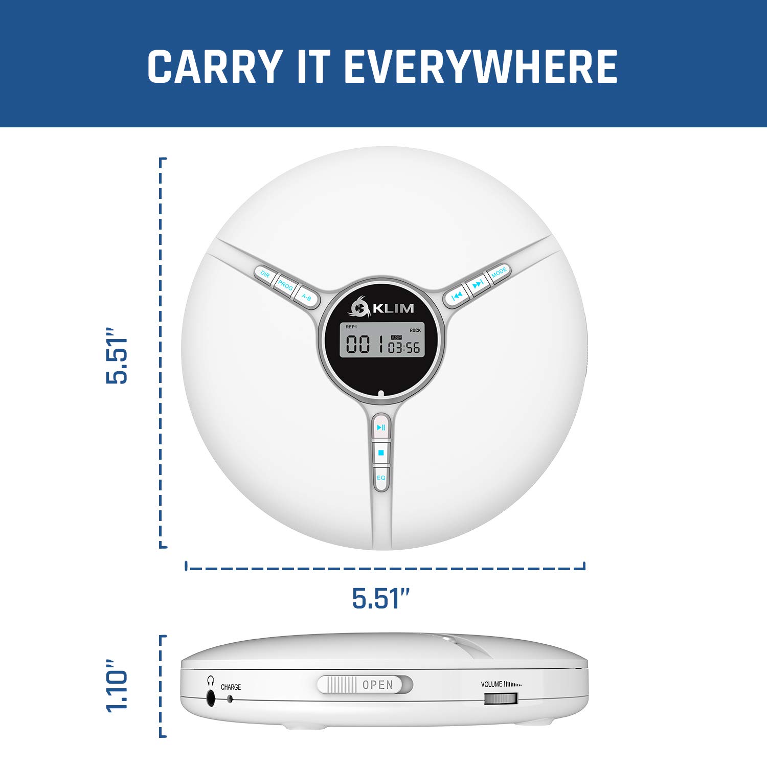 KLIM Discman Portable CD Player with Headphones Built-in Battery Compatible with SD Card CD MP3 WMA 5 EQ Effects White - View 6 of 6
