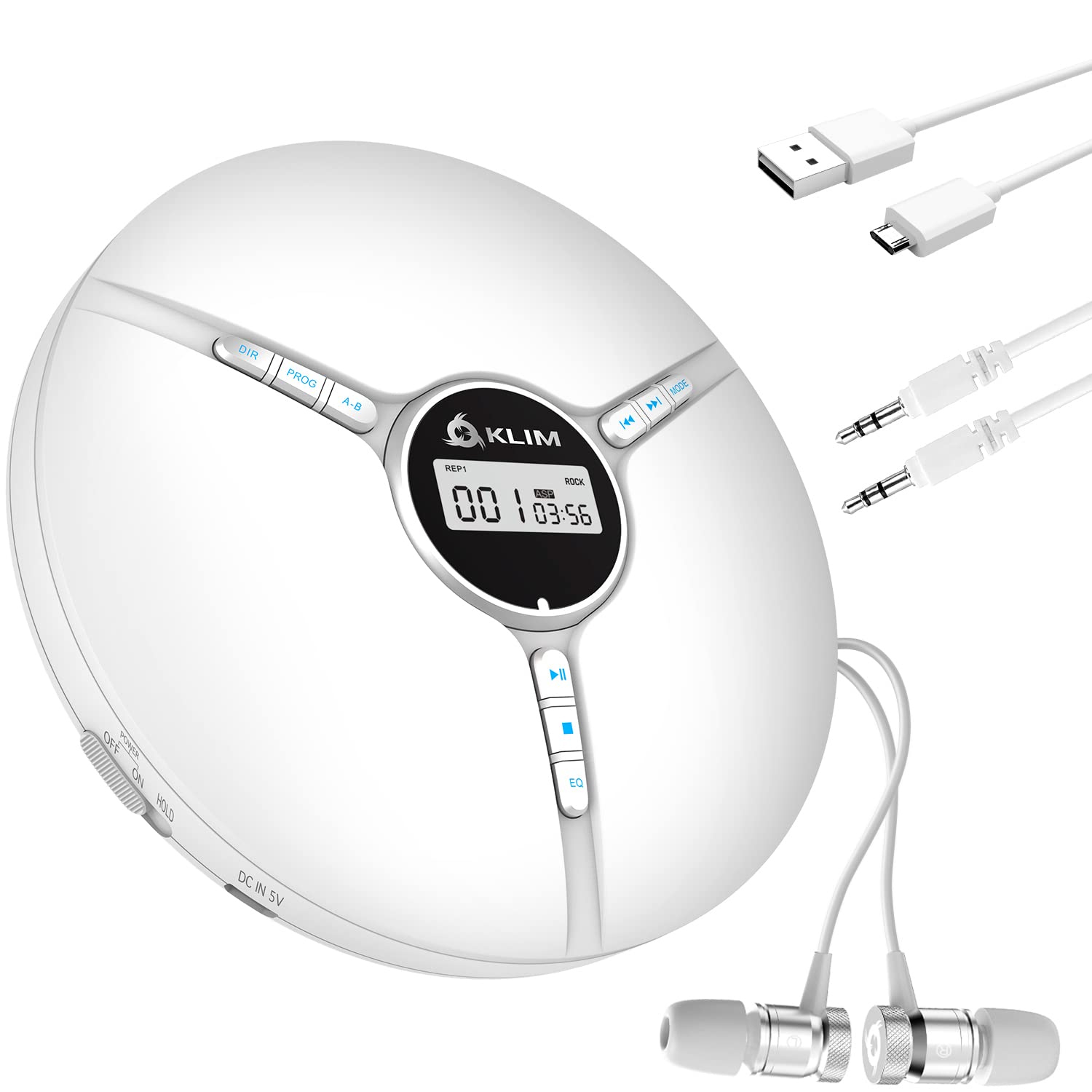 KLIM Discman Portable CD Player with Headphones Built-in Battery Compatible with SD Card CD MP3 WMA 5 EQ Effects White