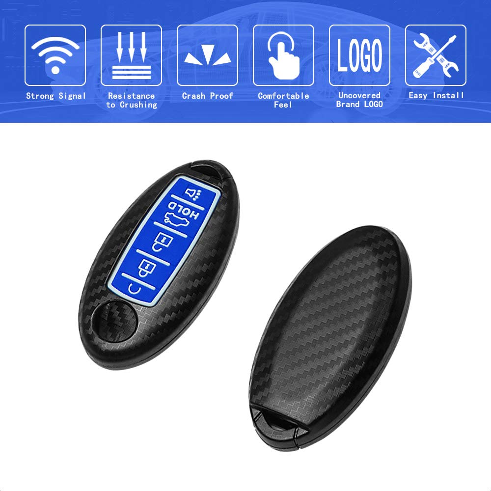 TANGSEN Smart Key Fob Case for Infiniti and Nissan 5 Button Keyless Entry Remote Carbon Fiber ABS Blue Silicone Cover - View 3 of 5