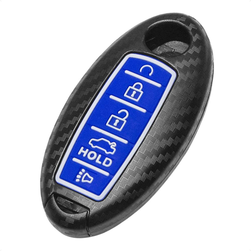 TANGSEN Smart Key Fob Case for Infiniti and Nissan 5 Button Keyless Entry Remote Carbon Fiber ABS Blue Silicone Cover