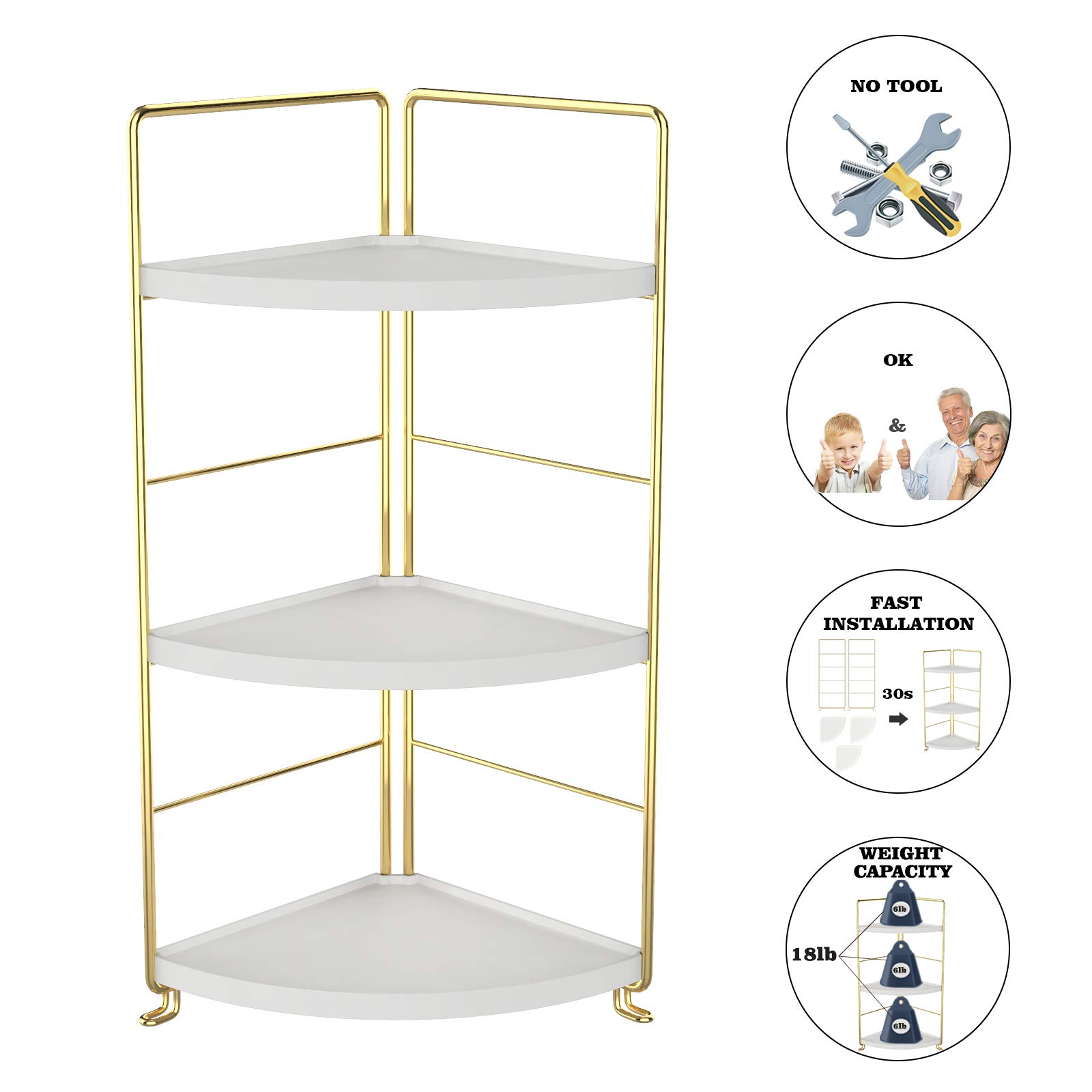 3 Tier Kitchen Spice Rack and Triangle Bathroom Countertop Storage Shelf Stackable Organizer for Kitchen and Cosmetics in Golden Finish - View 3 of 9