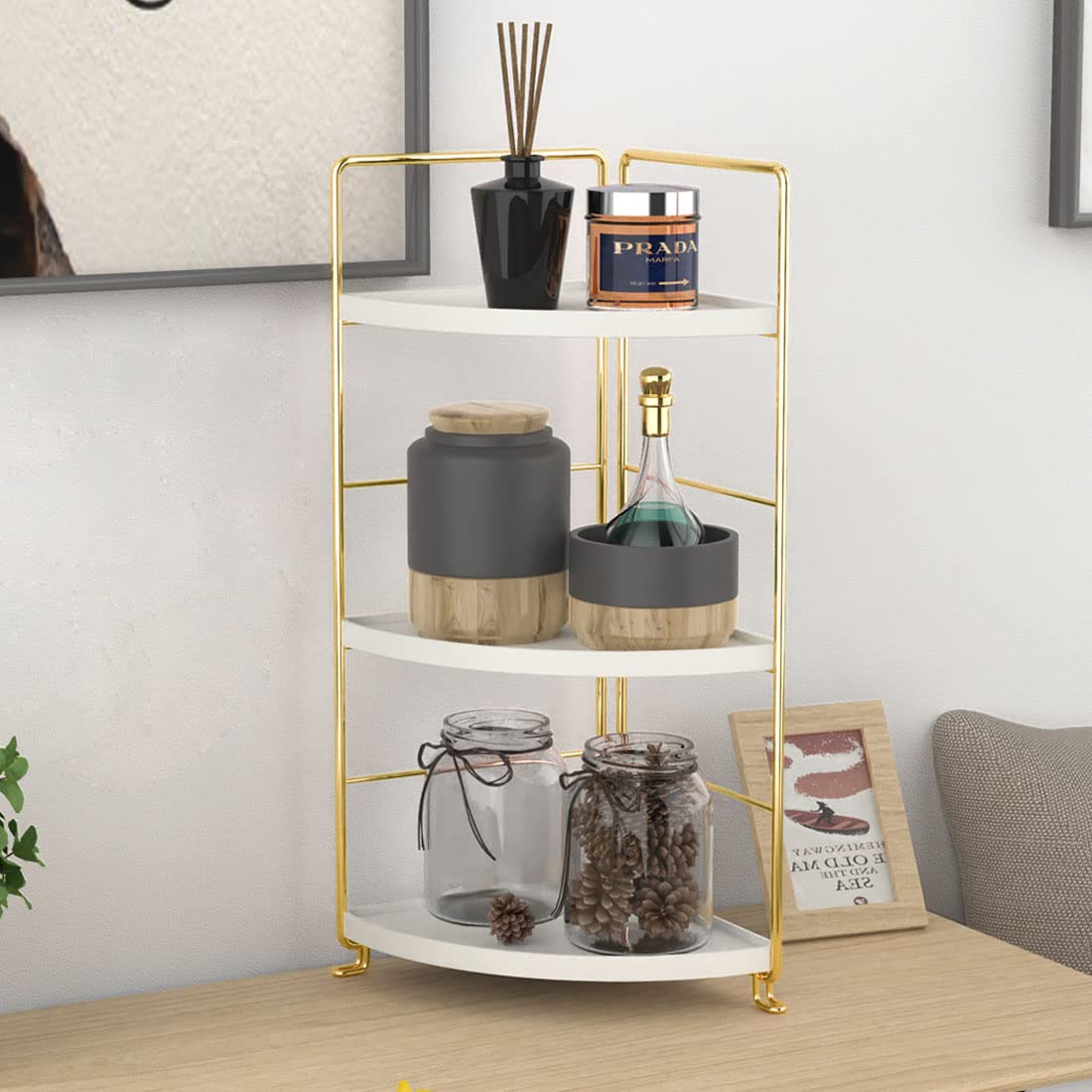 3 Tier Kitchen Spice Rack and Triangle Bathroom Countertop Storage Shelf Stackable Organizer for Kitchen and Cosmetics in Golden Finish - View 4 of 9