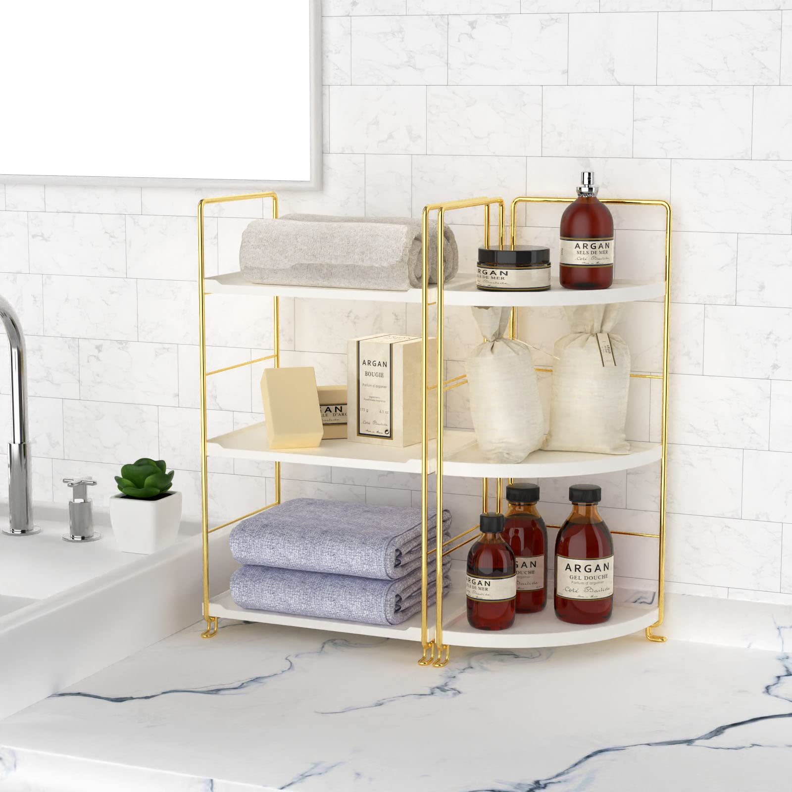 3 Tier Kitchen Spice Rack and Triangle Bathroom Countertop Storage Shelf Stackable Organizer for Kitchen and Cosmetics in Golden Finish - View 5 of 9