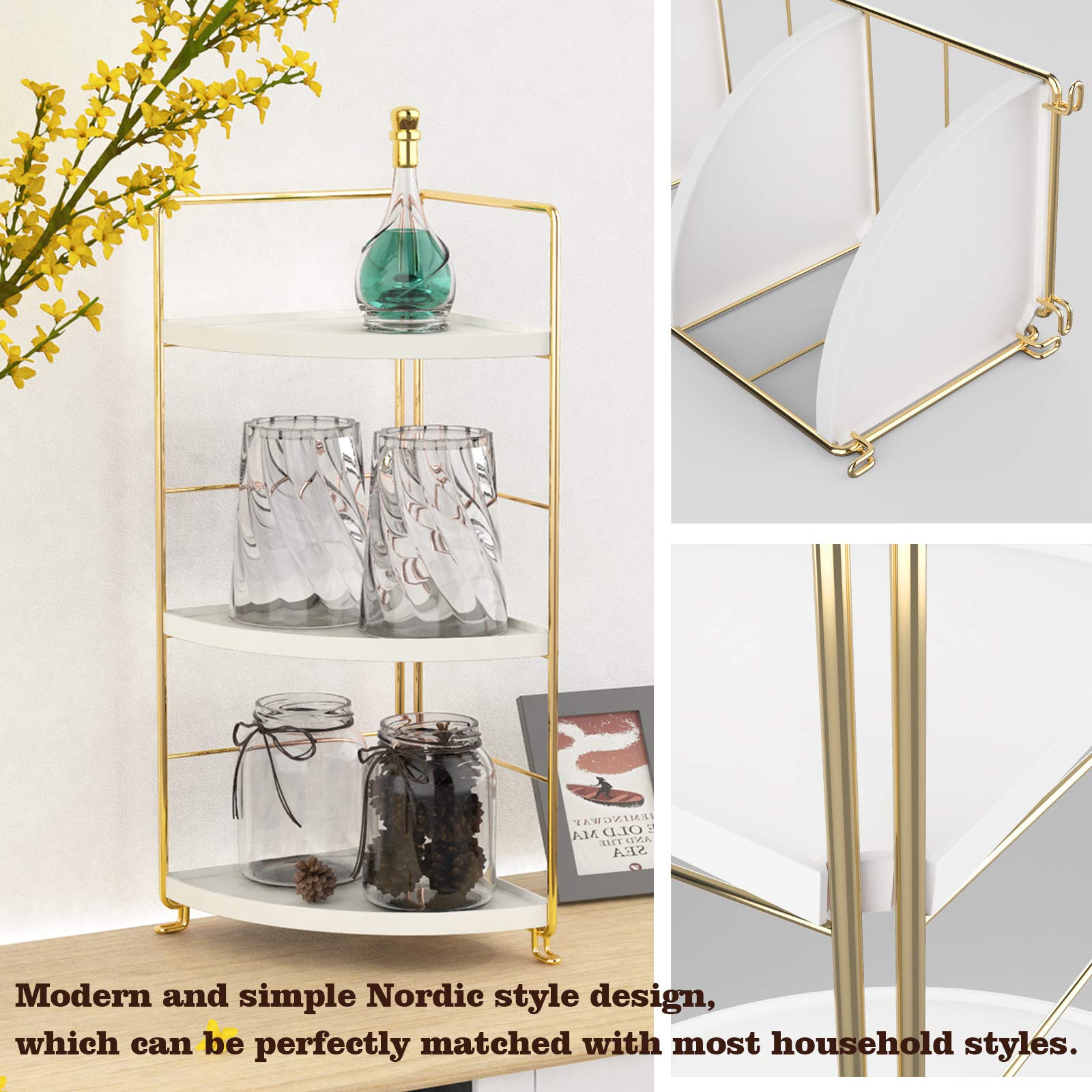 3 Tier Kitchen Spice Rack and Triangle Bathroom Countertop Storage Shelf Stackable Organizer for Kitchen and Cosmetics in Golden Finish - View 6 of 9