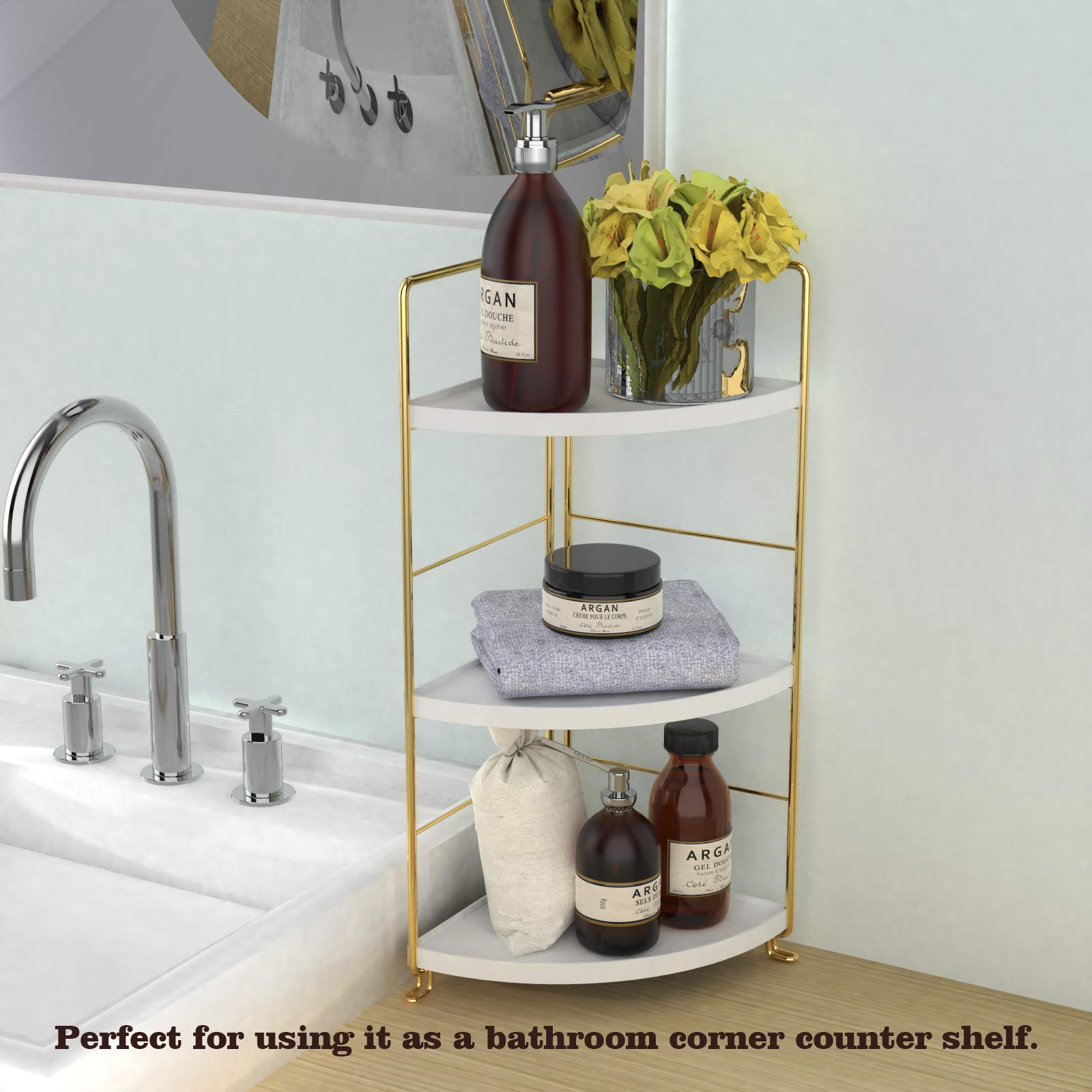 3 Tier Kitchen Spice Rack and Triangle Bathroom Countertop Storage Shelf Stackable Organizer for Kitchen and Cosmetics in Golden Finish - View 7 of 9